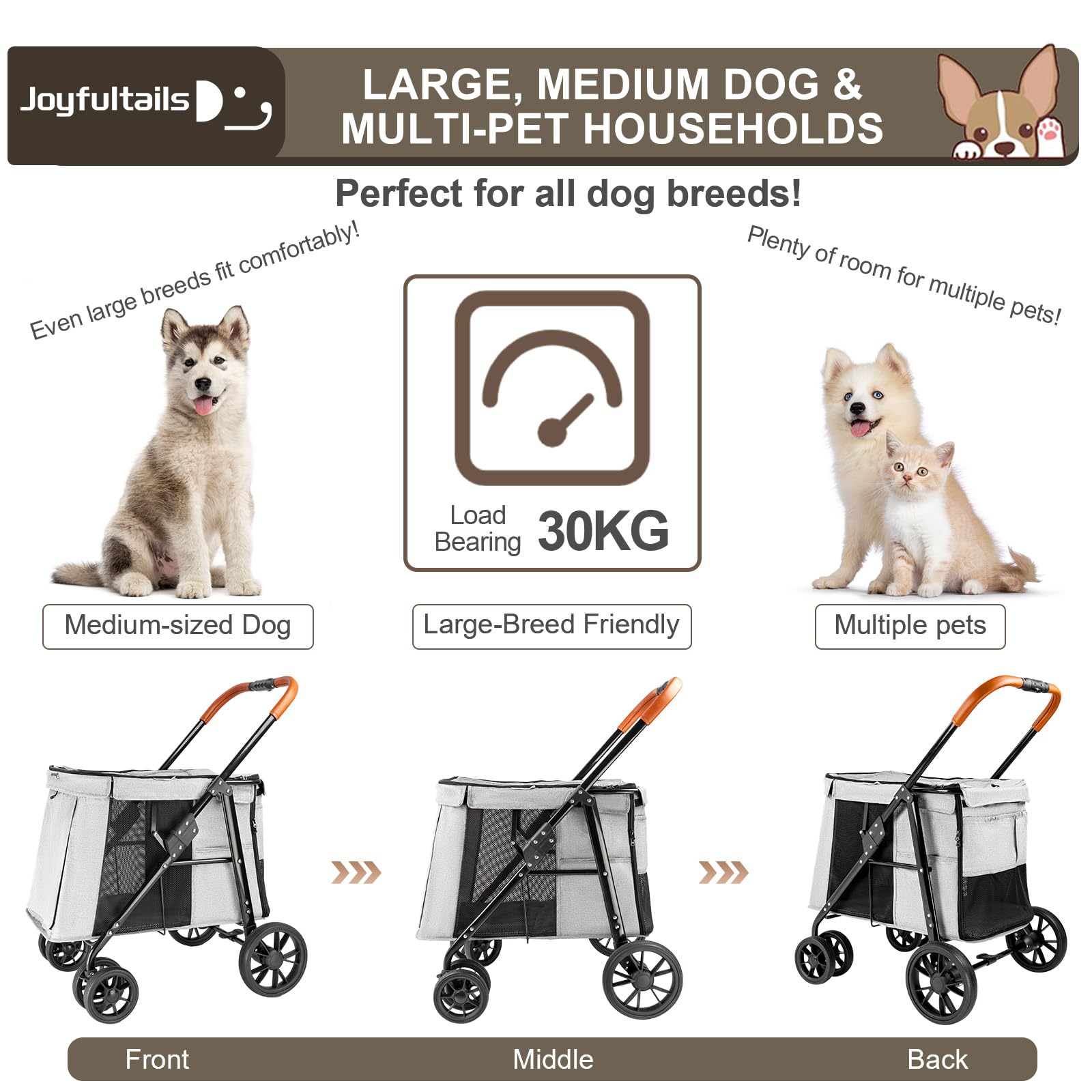 Hundebuggy Hundewagen Klappbar bis 30KG, Hundetrolley Faltbar mit Rahmen aus Aluminiumlegierung, Katzenwagen für kleine und mittelgroße Hunde mit Seitentaschen, Grau