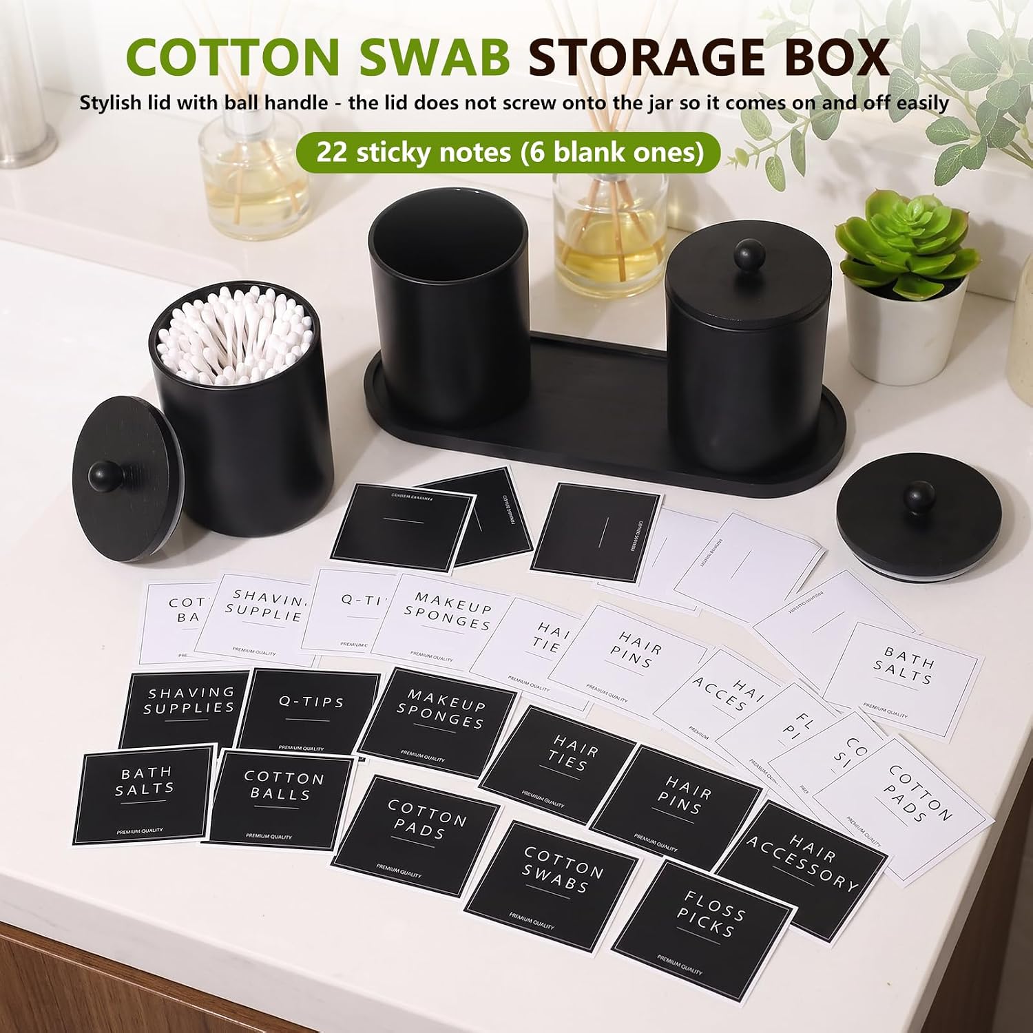 3-Pack Glass Qtip Holder Set with Bamboo Tray & Labels | Thick Glass Design, Bamboo Tray, Waterproof Labels, Sealed Lids, Easy Access, Multi-Scene Storage