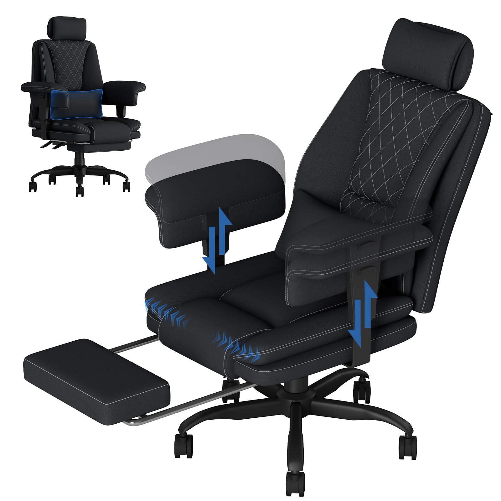 Submi Heavy Duty Office Chair 200KG, Big and Tall Desk Chair, Executive Ergonomic Office Chair with Footrest & Lumbar Support, High Back Computer Gaming Chair with Storage Gag, Liftable Armrest, Black