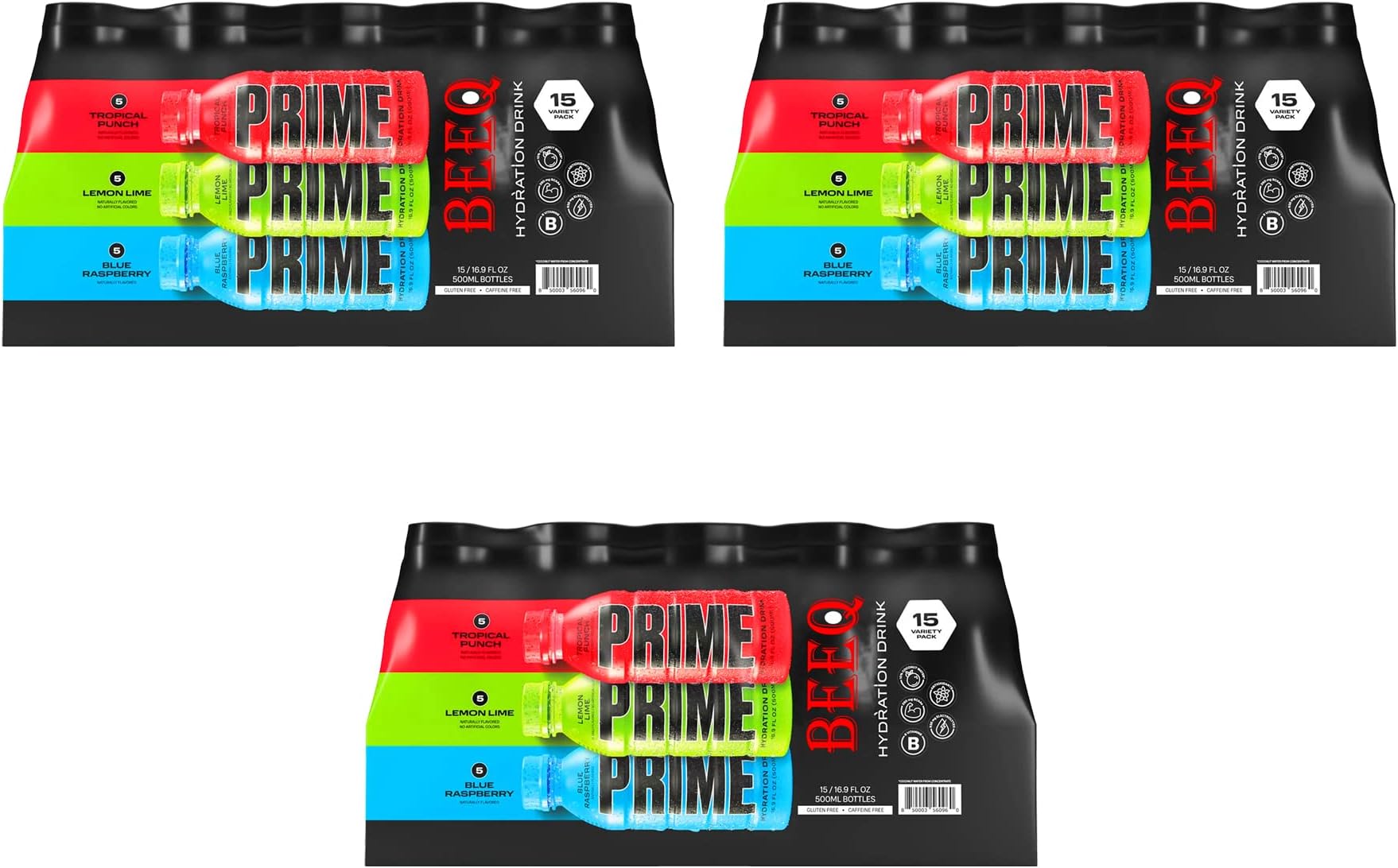 BEEQ- Prime Hydration Drink Variety Pack, Tropical Punch, Lemon Lime, Blue Raspberry, 16.9 fl. oz - Pack of (45)