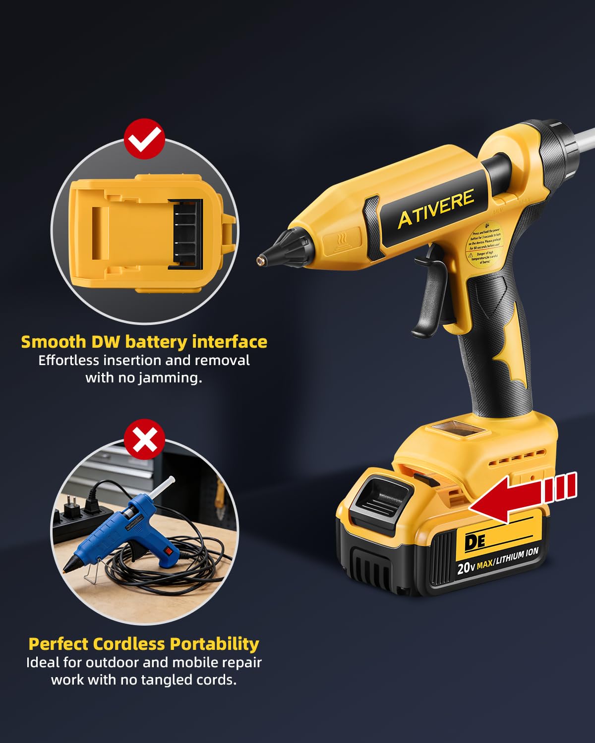 Pistolet à colle chaude sans fil 100 W compatible avec batterie DeWalt 20 V (outil uniquement), pistolet à colle numérique sans fil amélioré à température réglable avec 10 bâtons de colle de