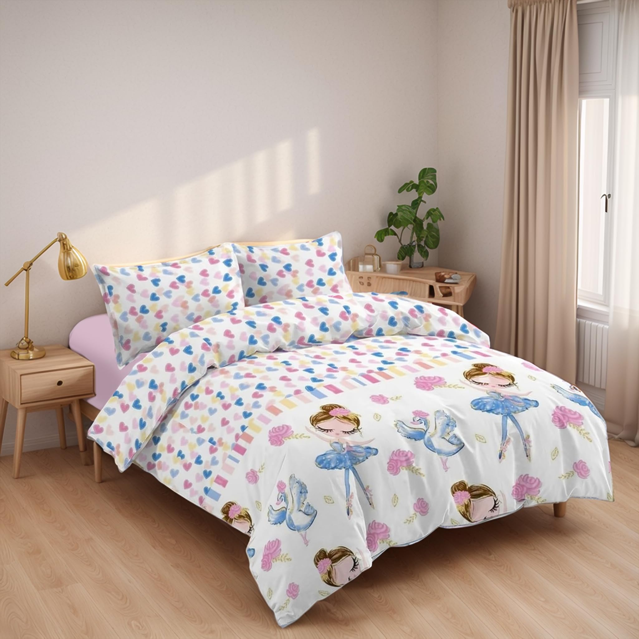 Juego de Funda Nórdica 3 Piezas Cama 90 Microfibra Suave Transpirable - 1 Funda Edredón 150x220 cm, 1 Bajera 90x200+28 cm y 1 Funda Almohada 50x110 cm (Bailarina)