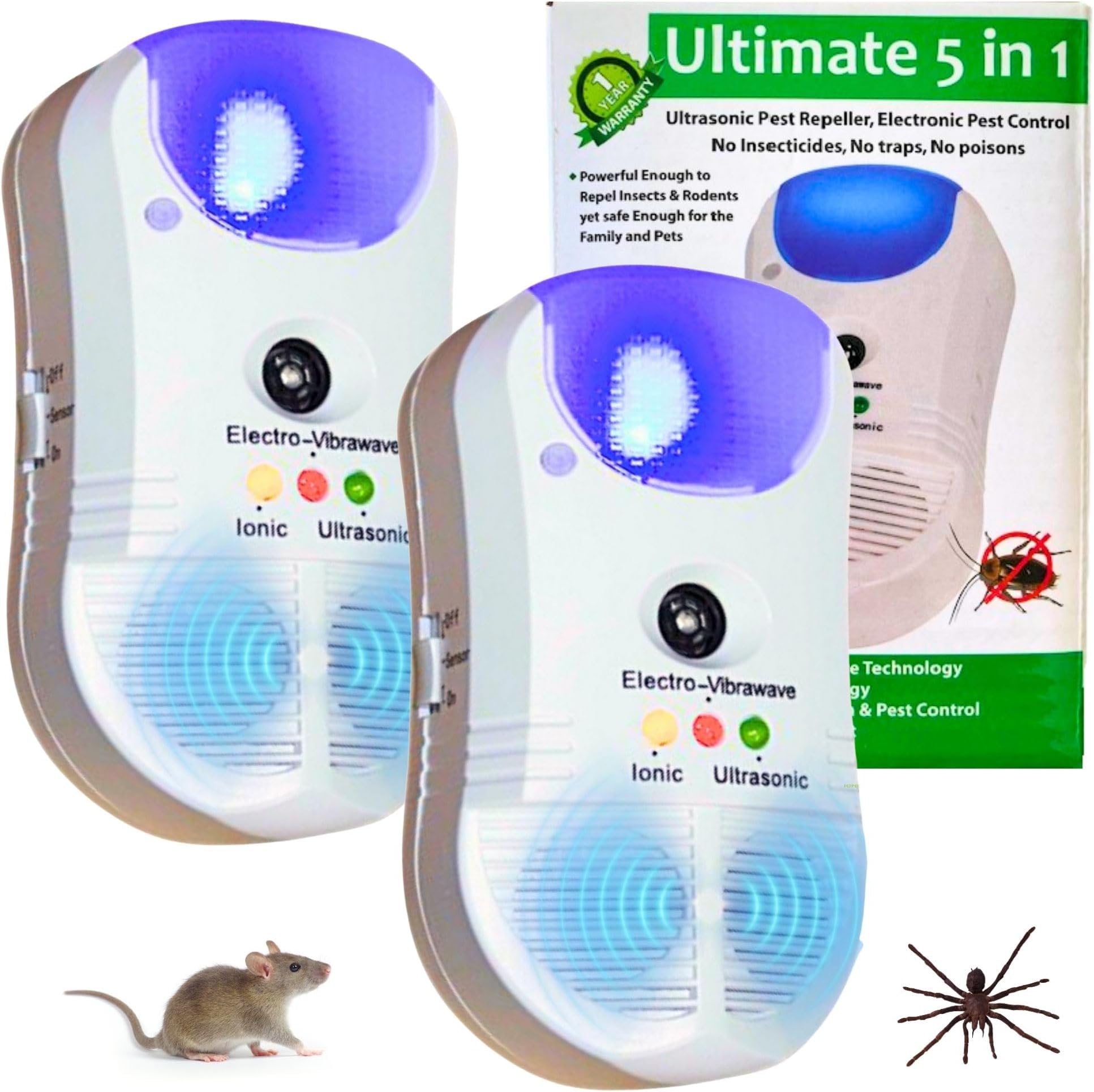 2 x Ultrasonic Pest Repeller Rodent Repellent - 5 in 1 Electronic Plug In Control for Rats Mouse Mice Insects Spiders Bugs Cockroaches Advanced 2018 Device Safe for Humans and Pets Chemical Free Home