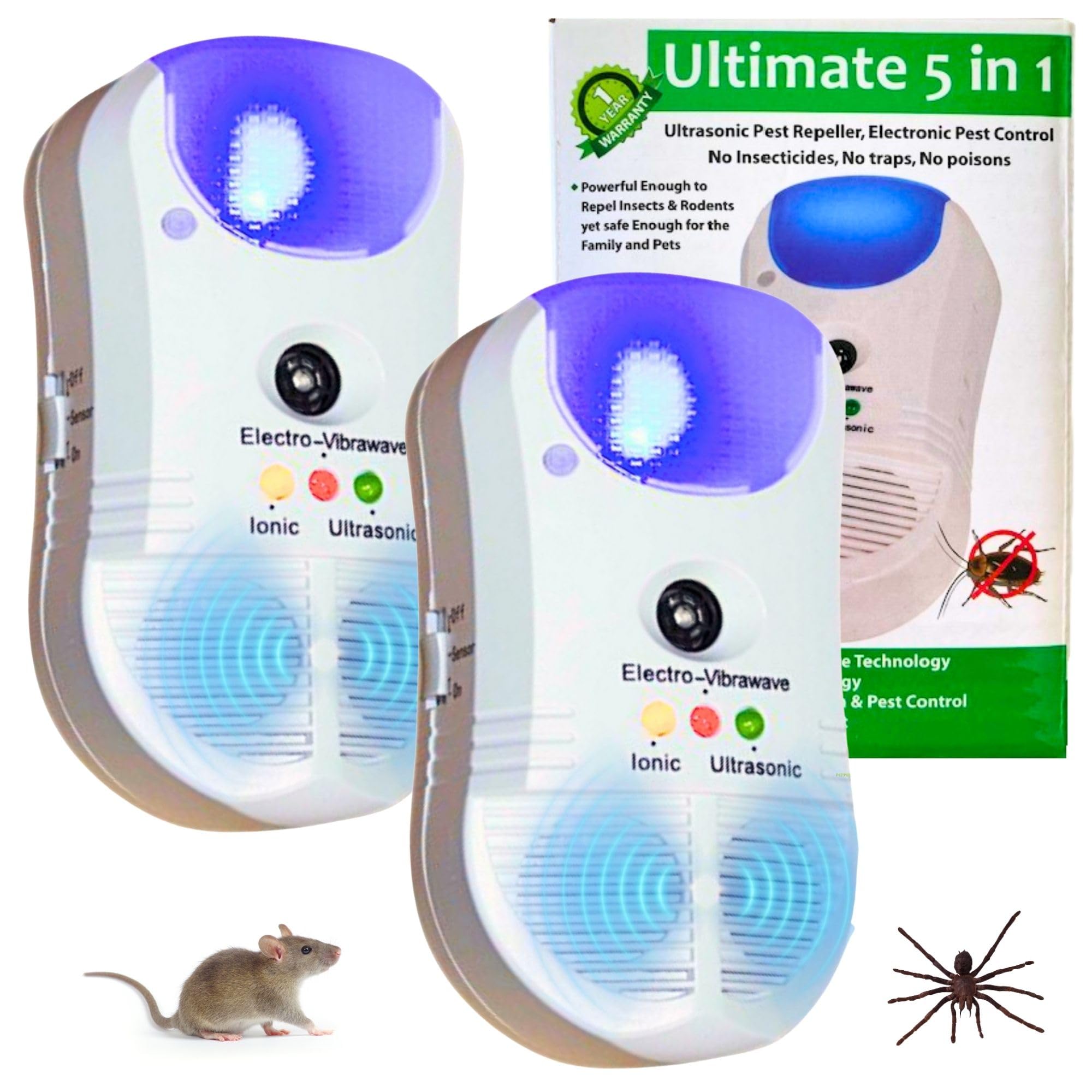 2 x Ultrasonic Pest Repeller Rodent Repellent - 5 in 1 Electronic Plug In Control for Rats Mouse Mice Insects Spiders Bugs Cockroaches Advanced 2018 Device Safe for Humans and Pets Chemical Free Home
