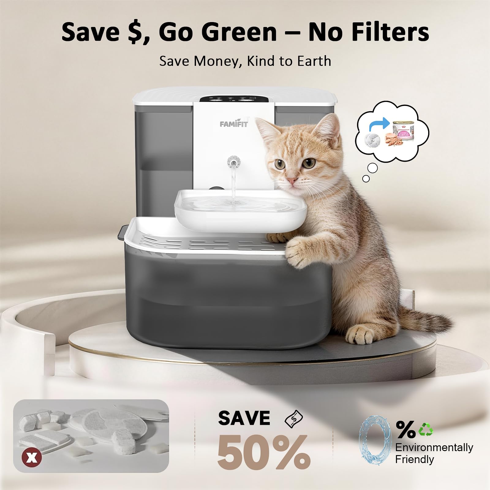 Fuente de agua automática para gatos de 4,5 L + 2 L (sin calefacción), batería de 2000 mAh, temporizador de 3/6/9H y control de 80/100/120 ml, sistema de agua limpia, sin filtro, cuenco de