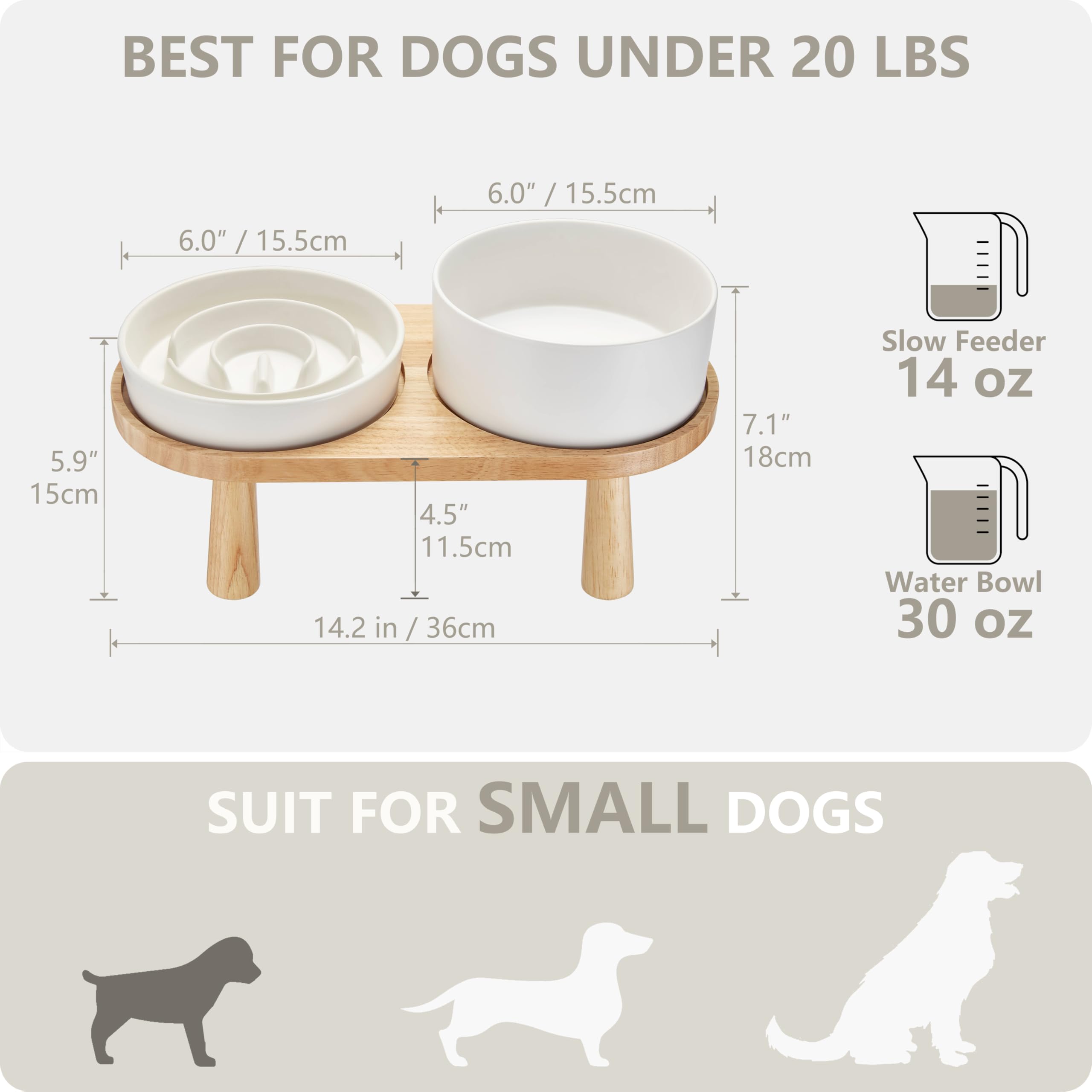 Cuenco de cerámica para perros con soporte de madera, 850 ml, color blanco