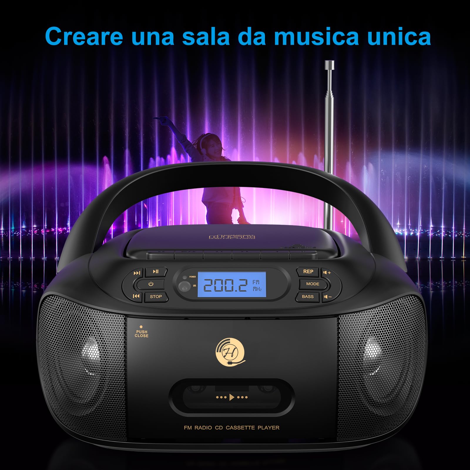Lettore CD con Cassette, Radio FM Portatile, Lettore CD super basso Boombox con Bluetooth, Altoparlanti Stereo Incorporati, supporto AUX-In, Riproduzione USB, Uscita per cuffia