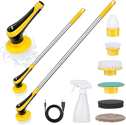 vrillo Limpiador giratorio eléctrico limpiador de ducha inalámbrico con mango ajustable y 6 cepillos de limpieza reemplazables para bañera azulejos