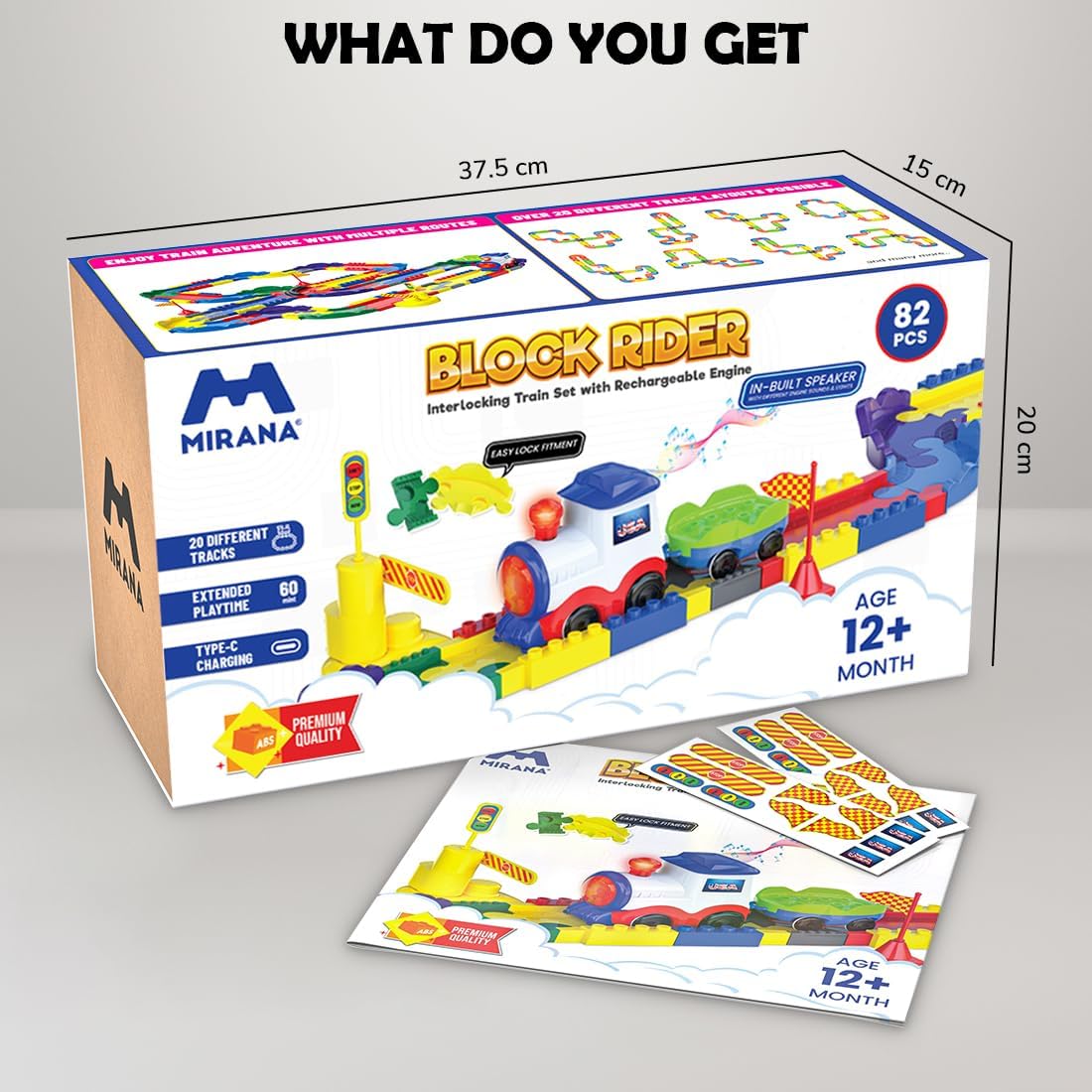 Block Rider Toy Train Set with Colorful & Multiple Track Layout - USB Rechargeable Type-C Engine - Various Sound Modes - New York, Chicago - Fun Play for Kids 1-8 Years (Medium - 82 Pcs)