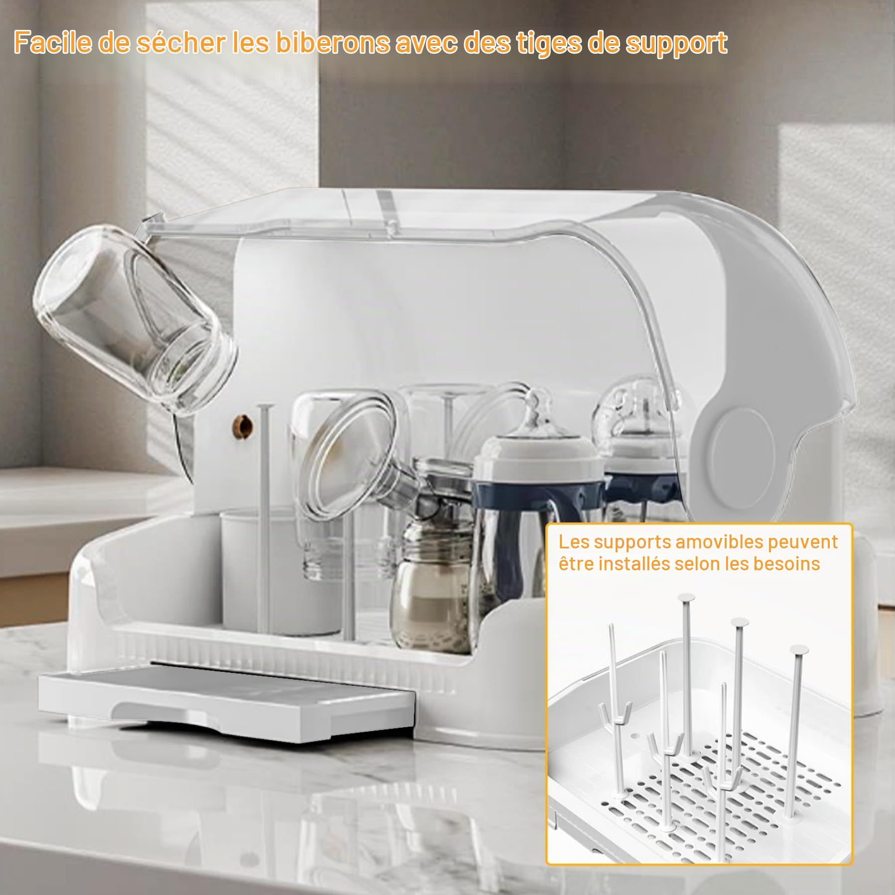 Rangement Pour Biberons Grand Organisateur De Biberons Avec Couvercle Et Bac De Vidange Amovible Support De Séchage De Biberons Portable Anti-Poussière Organisateur De Rangement Pour Biberons