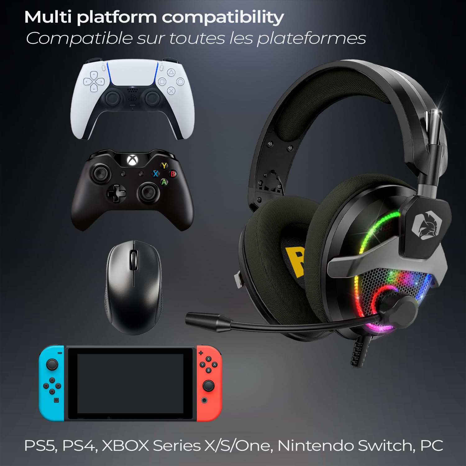 EMPIRE GAMING H13 RGB Gamer Cuffie - per console di gioco, Xbox One/Series, Switch, PC, Mac, Smartphone, Tablet - Telecomando - Suono stereo ad alta definizione - Microfono flessibile - Nero