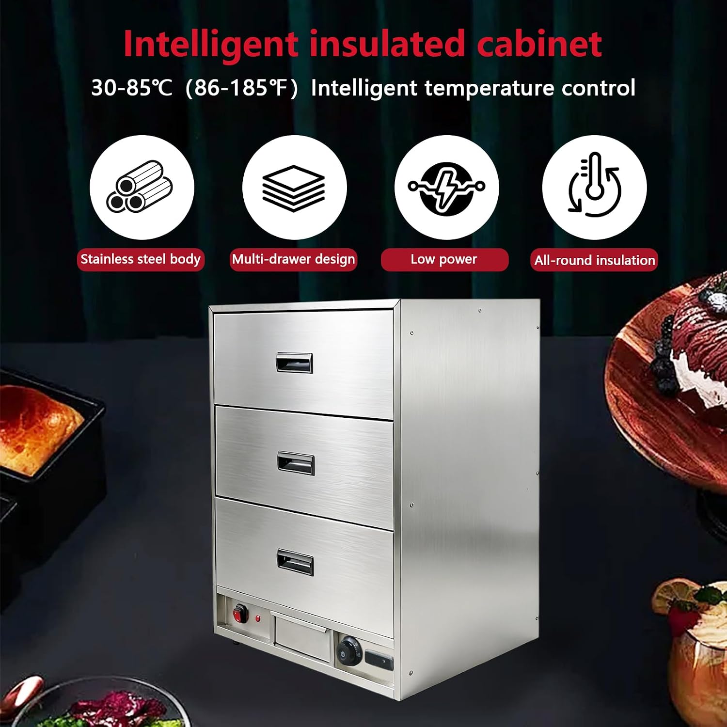 Commercial 3 Drawers Food Warmer,Stainless Steel Hot Dog Bun Warming Drawers,Food Warmer Cabinet,Temperature Control, for Bread, Pies, Baked Potatoes and Various Foods
