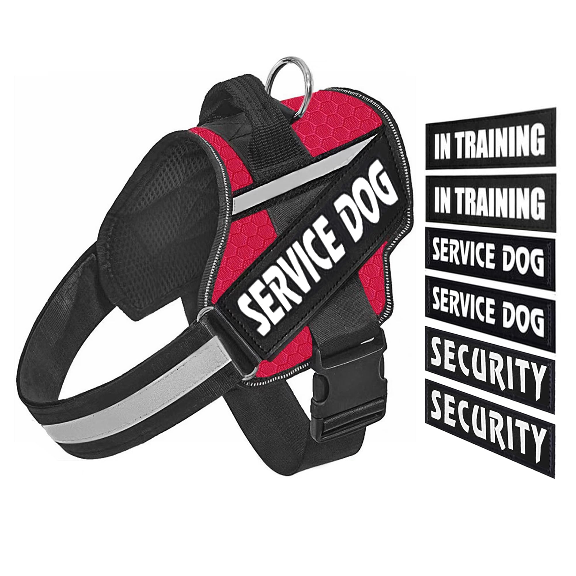 Service Dog Training Vest Harness, Black Nylon, Adjustable Size, No-Pull Design with Handle, Reflective, 6 Patches for Small Medium Large Dogs (Red,L)