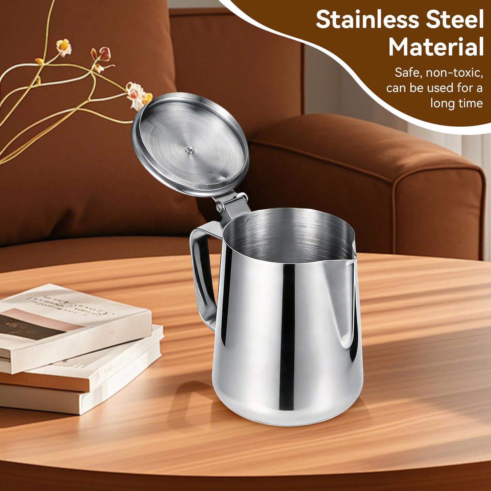Brocca per latte con coperchio, brocca per montalatte da 600 ml/1000 ml brocca per latte in acciaio inossidabile tazza brocca per schiuma di latte con manico per caffè latte Art (600 ml)