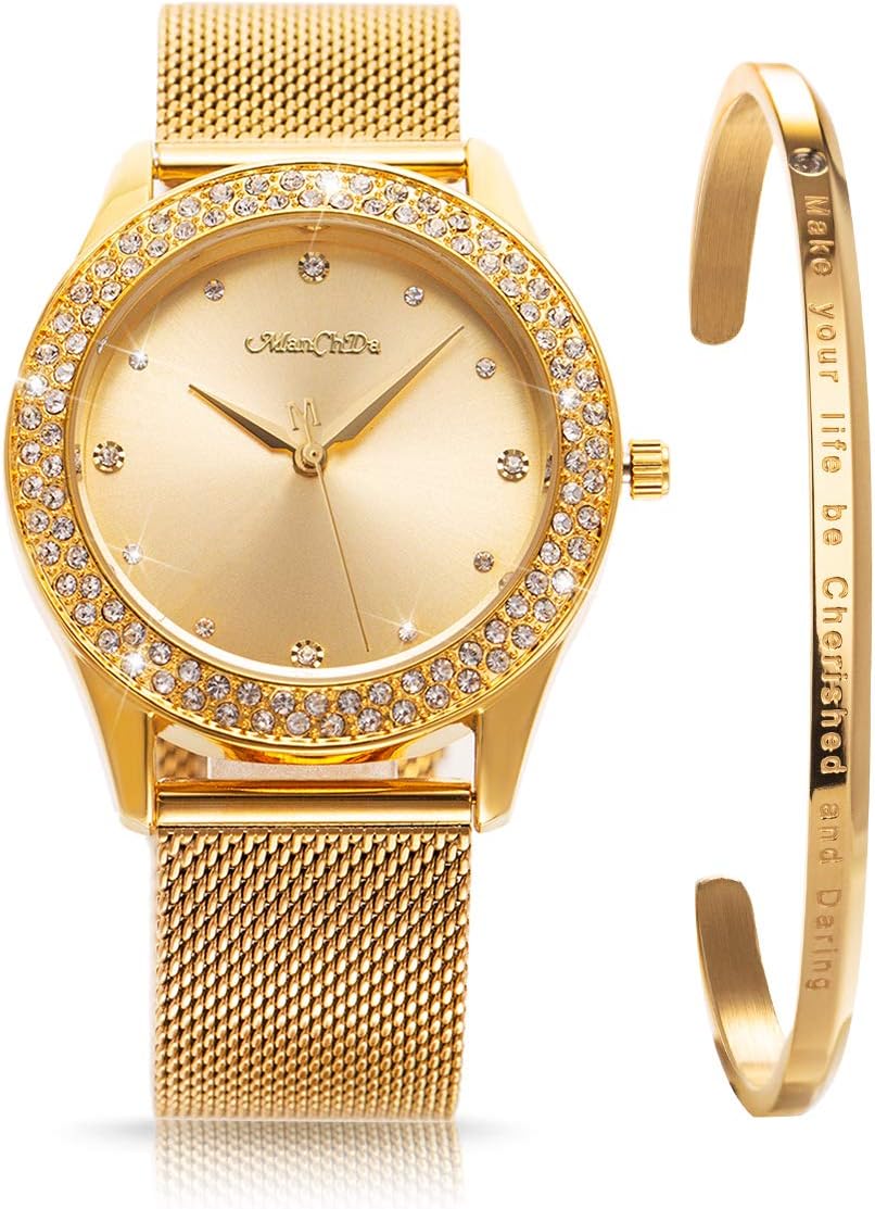 Womens Wrist Watch Crystal Case Mesh Stainless Steel Band Bling Ladies Watches Analog Quartz Diamond Classic Fashion Romantic + Jewelry Cuff Bracelet Set Slim Thin Casual Glitter Gold