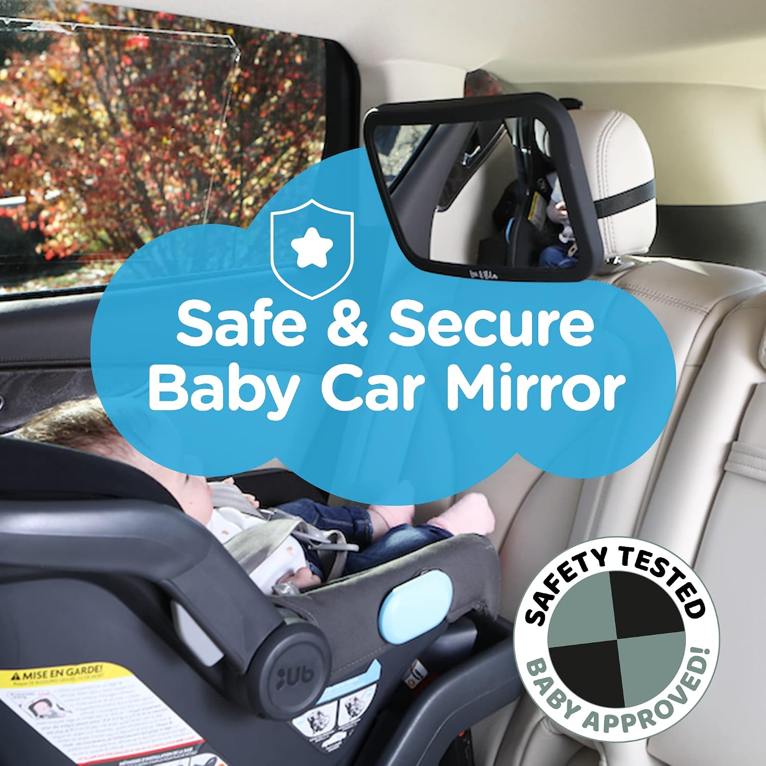 Leo and Ella - Baby Car Mirror - 10" Large Mirror w/Ultra Clear Infant View - Crash Tested Shatterproof Design w/ 360° Adjustable Mount, Premium Car Seat Mirror for Baby Rear Facing