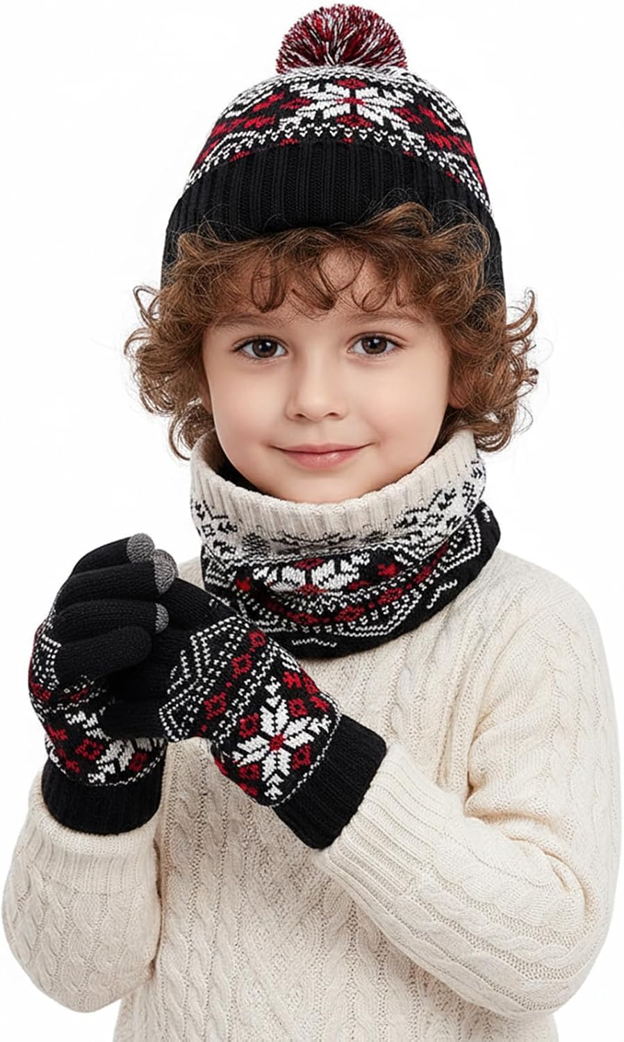 IPENNY Winter Knit Beanie Hat Scarf Gloves Set for Kids, Fleece Lining Cap with Pompom & Touchscreen Gloves for Cold Weather