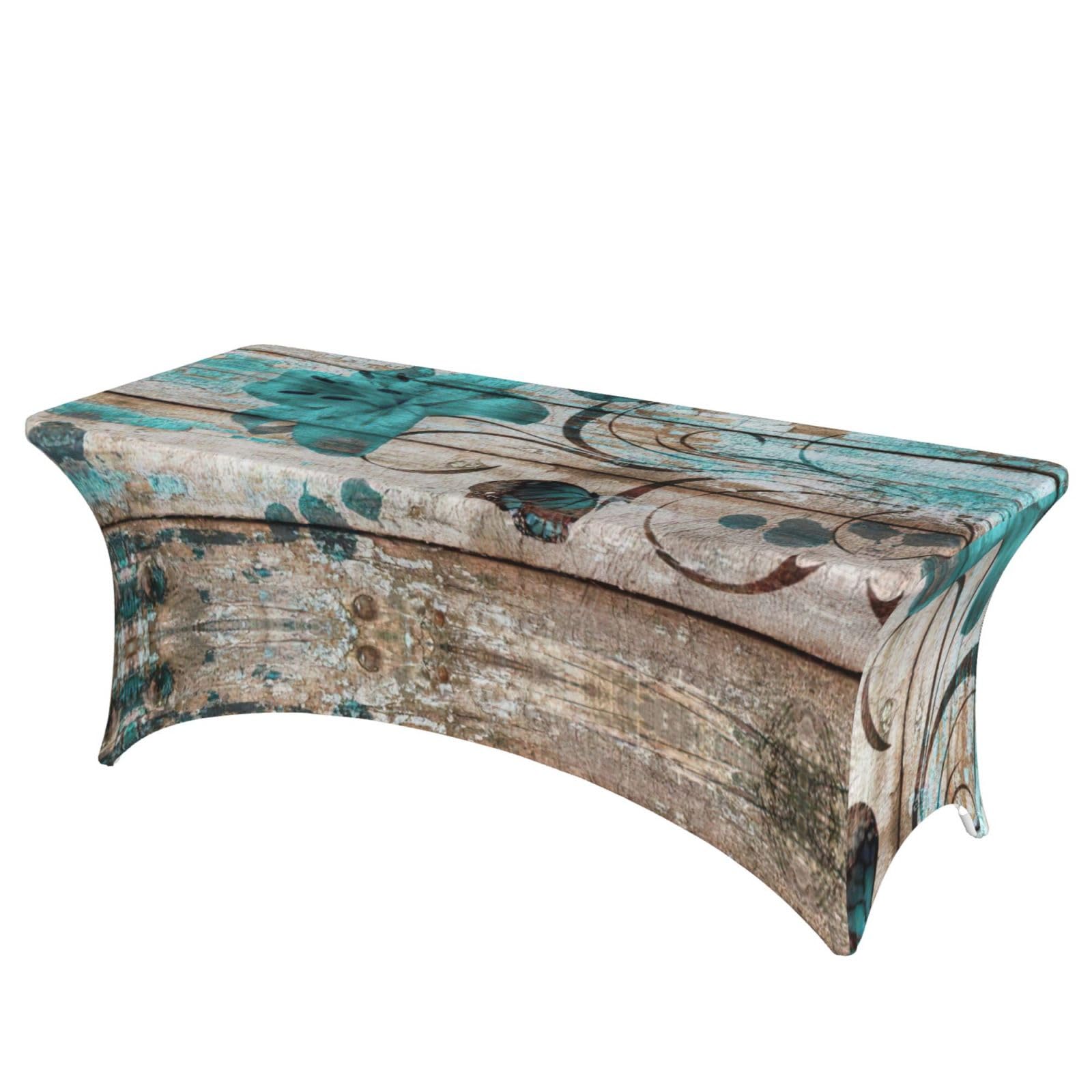 Nappe de table extensible 1,8m élasthanne à motif imprimé bois et fleur bleu