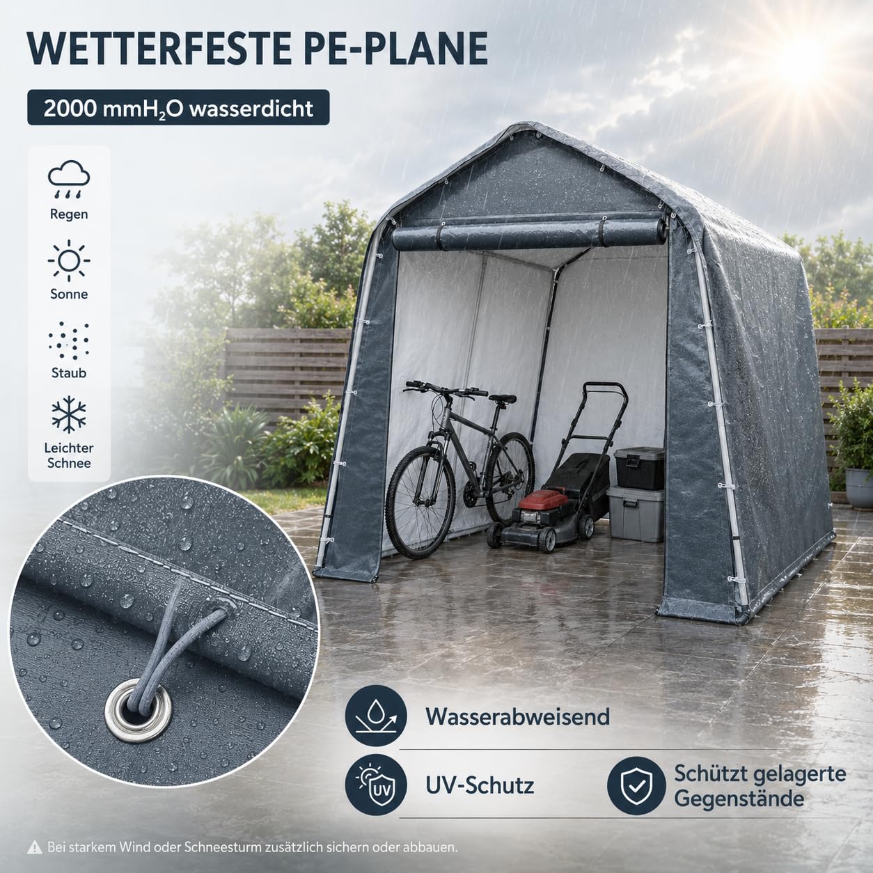 Cobertizo para herramientas, 240 x 240 x 240 cm, resistente al agua y protección UV, lona de polietileno con puerta con cremallera, tienda de almacenamiento para bicicletas, herramientas de jardín y