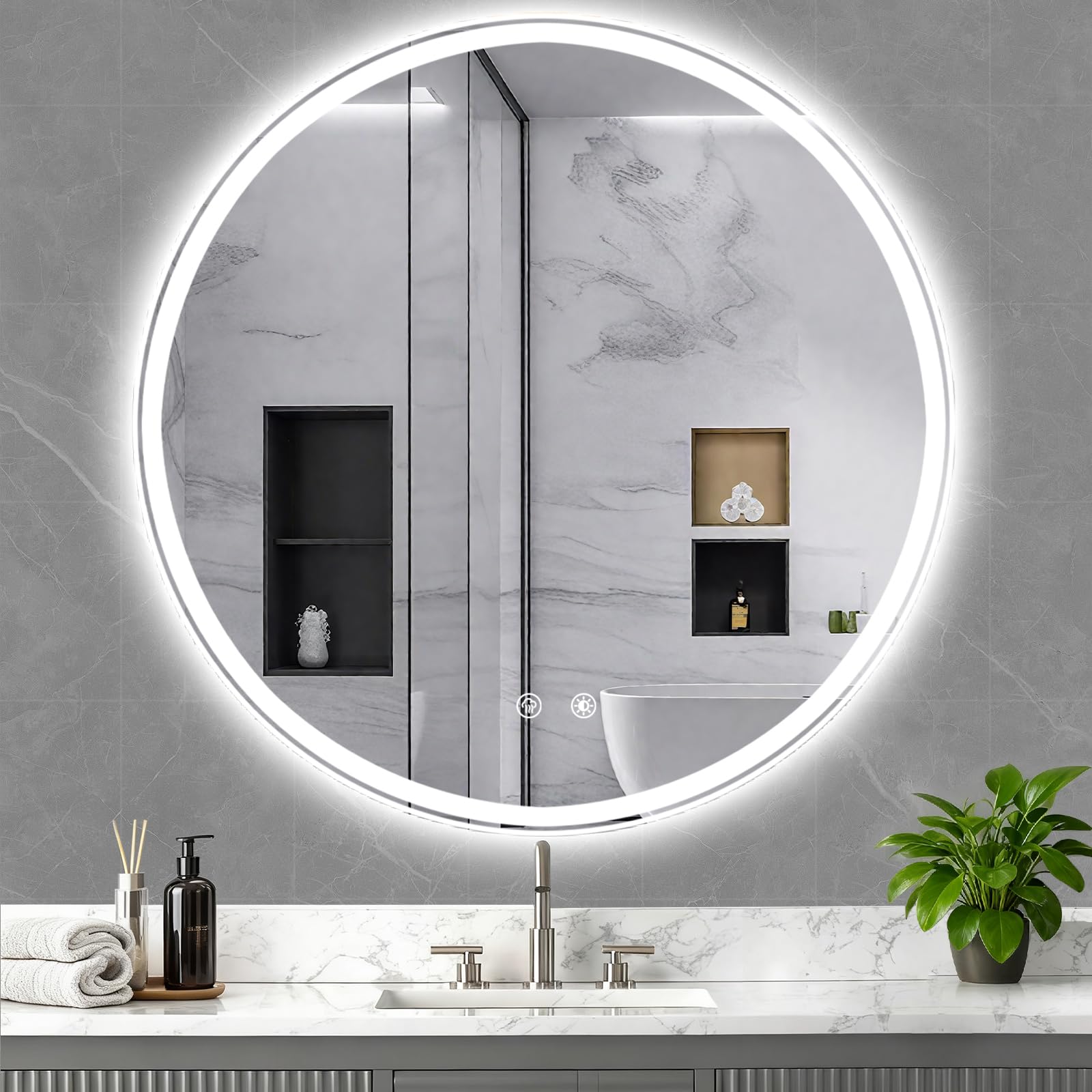 24 Inch LED Bathroom Mirror Round Vanity Mirror with Lights Dimmable 3 Color Change Backlit Front Lit 4MM