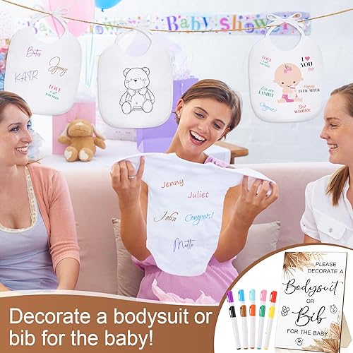 Miniatura 6 de Roowest 35 piezas de baberos para baby shower, diseño de juegos de madera para baby shower, letrero de juego para fiesta de bebé, letrero de