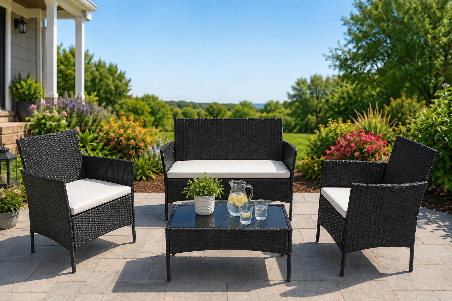 Home Express 4 Piece Rattan Garden Furniture Set, Black, PE Rattan, 2-Seater Sofa, 2 Armchairs, Coffee Table with Tempered Glass Top