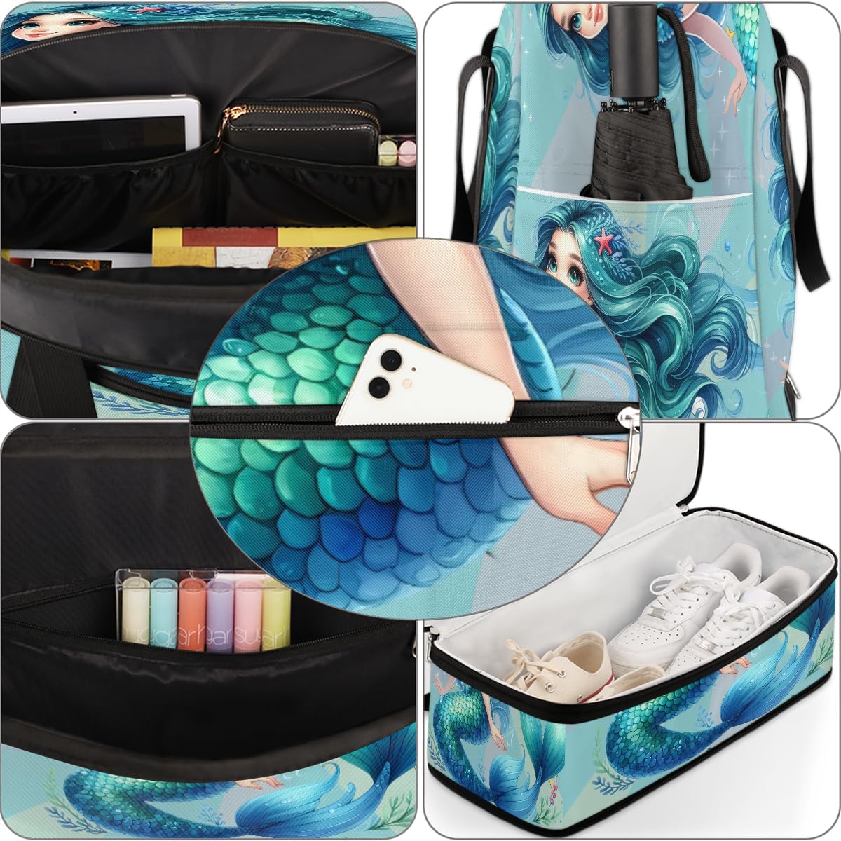 Mermaid Teal Pretty Ocean Large Weekender Overnight Bags Travel Duffel Bag for Women Men Girl Gym Bag With Shoe Compartment Foldie Travel Tote Bag Carry On Personal Item Bag for Travel Gym Sports