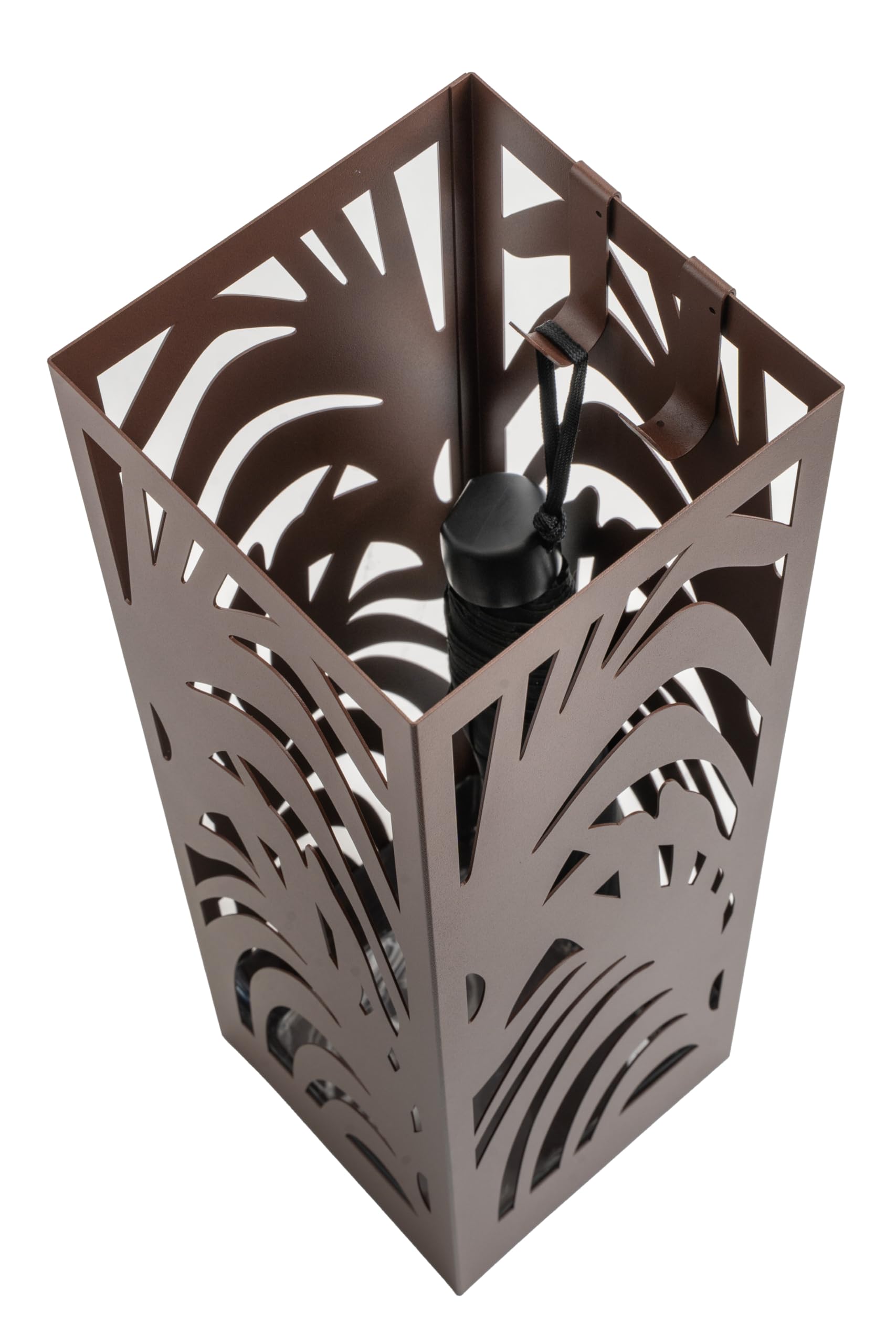 Portaombrelli dal design moderno in metallo per casa e ufficio, supporto di design, 2 ganci, 2 vaschette estraibili, 15,5 x 15,5 x 49 cm, marrone ruggine, quadrato, portaombrelli