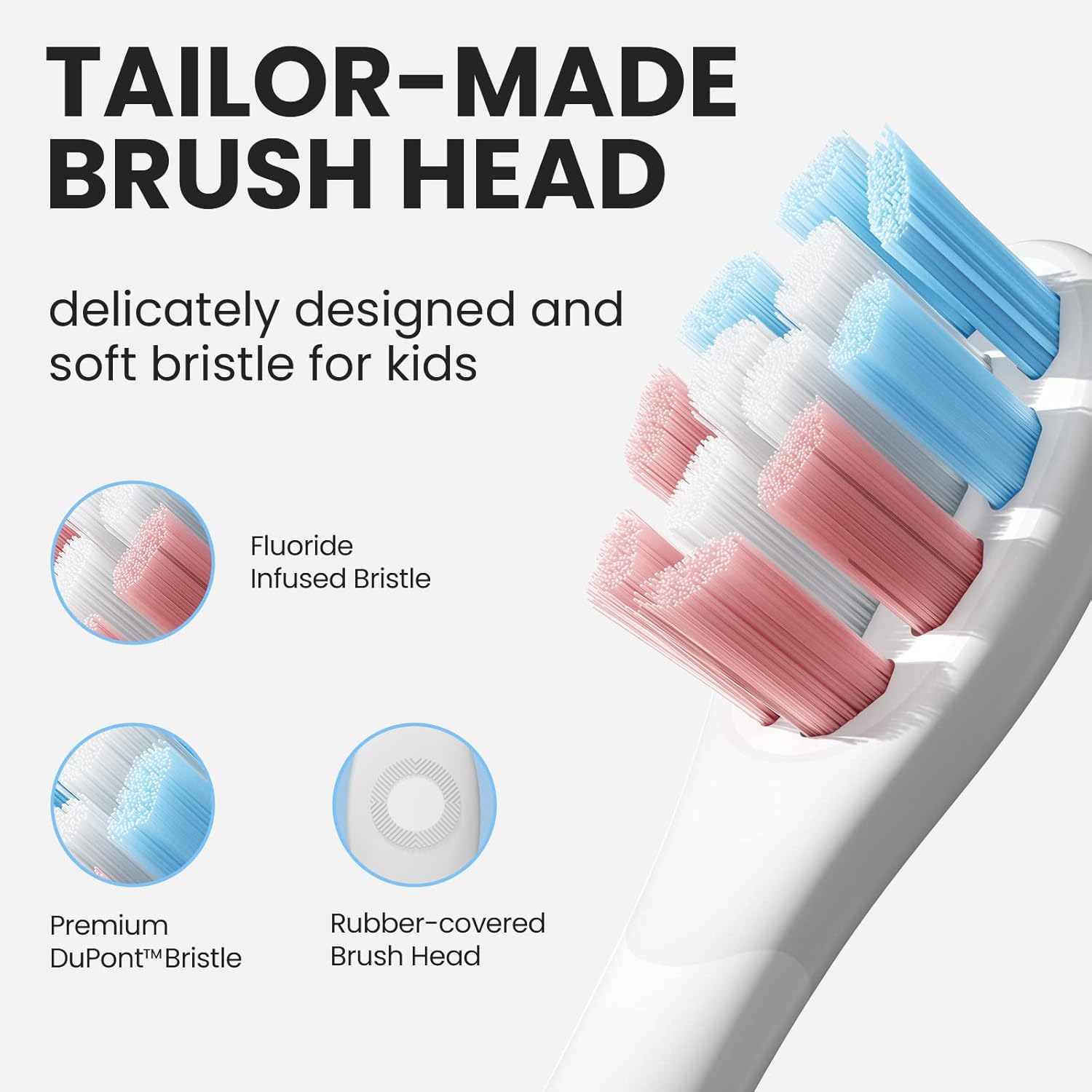 Close-up of the Oclean Kids toothbrush head with soft, fluoride-infused bristles