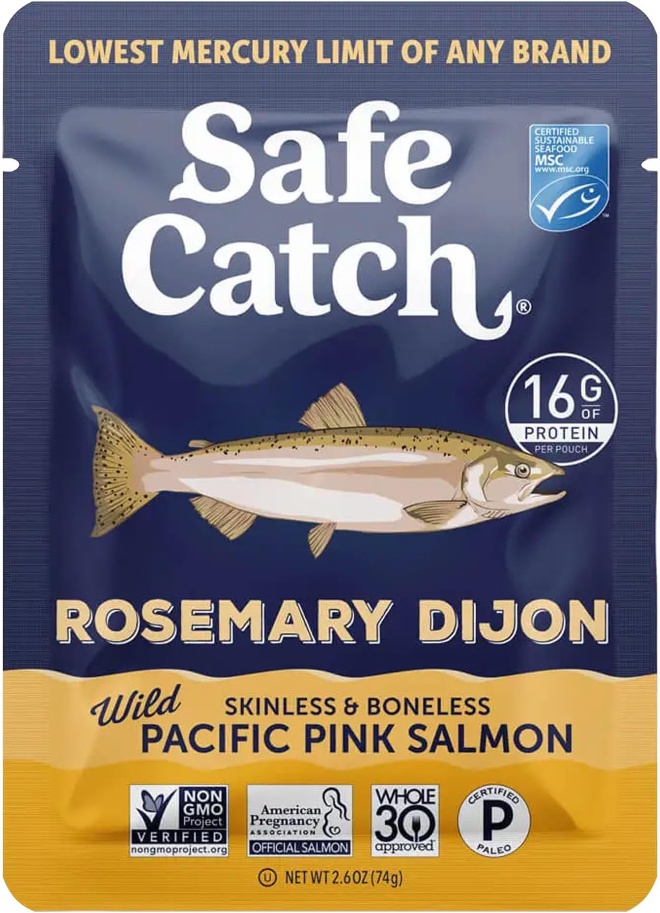 Safe CatchSkinless and Boneless Wild Pacific Pink Salmon Pouch, Rosemary Dijon Seasoned, Mercury Tested, Kosher, 2.6oz Pouches, Pack of 12