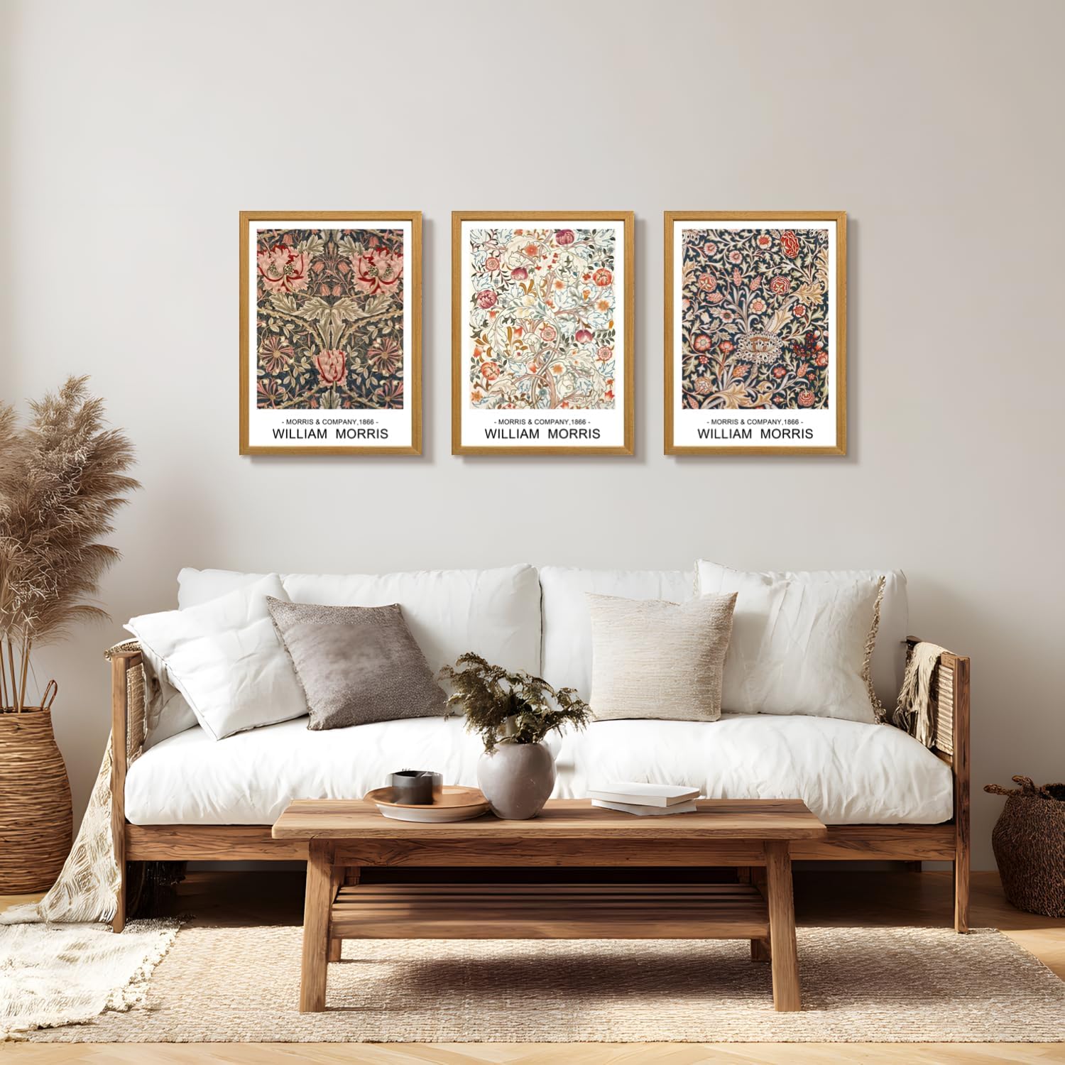 LLEEMPI William Morris Wall Art Set of 3, Vintage Botanical Wall Decor, Rustic Farmhouse Canvas Painting, Classic Minimalist Poster Prints for Bedroom Bathroom Office Wood Framed 12x16 Inch