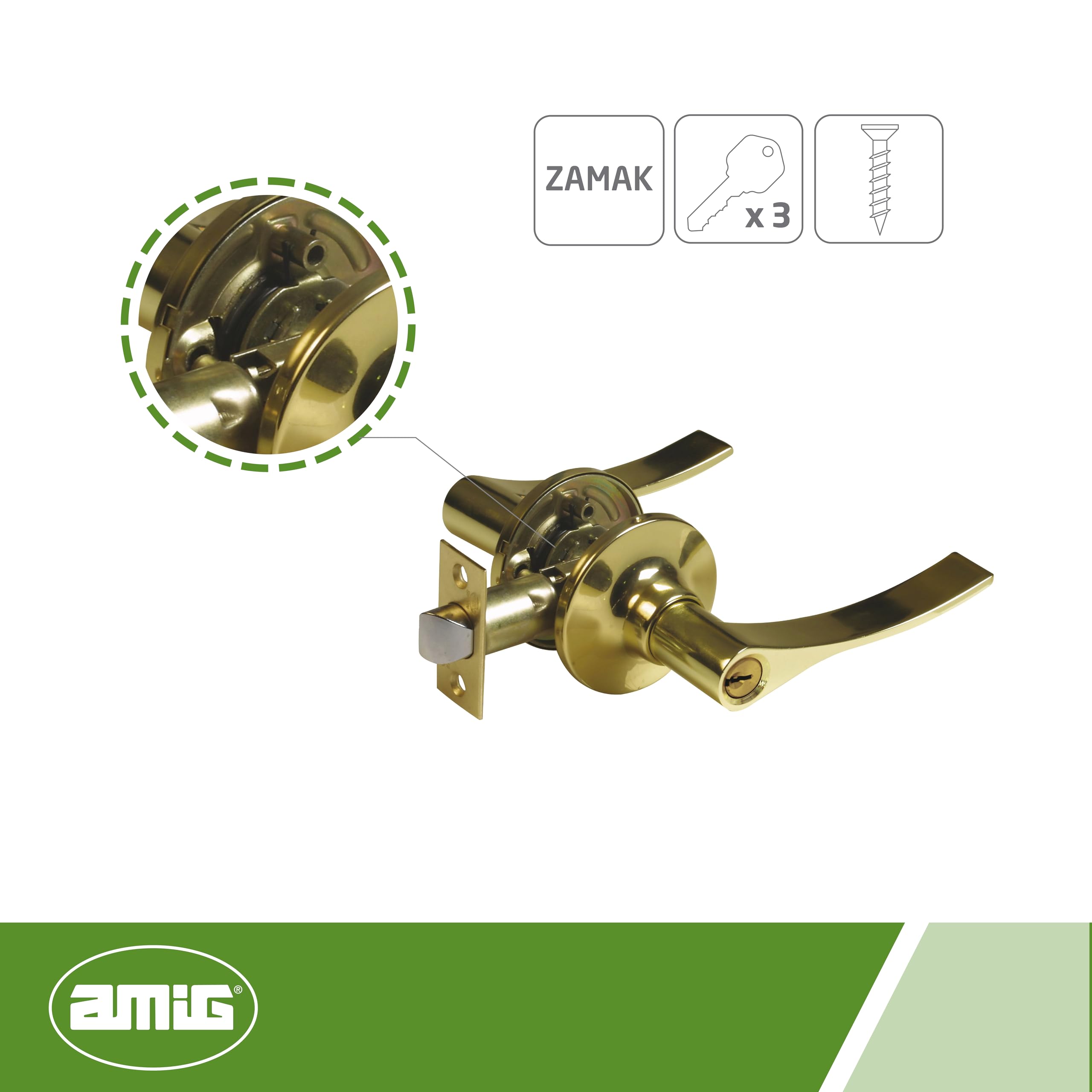 Amig - Zestaw klamek wejściowych z lewej strony z klamką | Rozeta do drzwi | Idealna klamka do drzwi drewnianych | Zamak | Złoty | Klamka wejściowa 60/70 mm