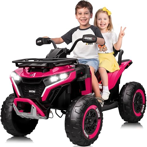 JOYRACER 24V Ride on Car, Kids ATV XL Four Wheeler w/EVA Tires, 19-Inch Leather 2 Seater, 800W Motors, Remote Control, Knee Pads, Flower, 24 Volt Ride on Toys Quad for Big Kids, Pink