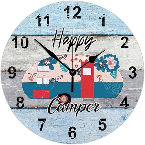 Reloj de pared vintage para campamento, vida feliz, campistas, aventura forestal, reloj de madera rústica, sin tictac, silencioso, funciona con
