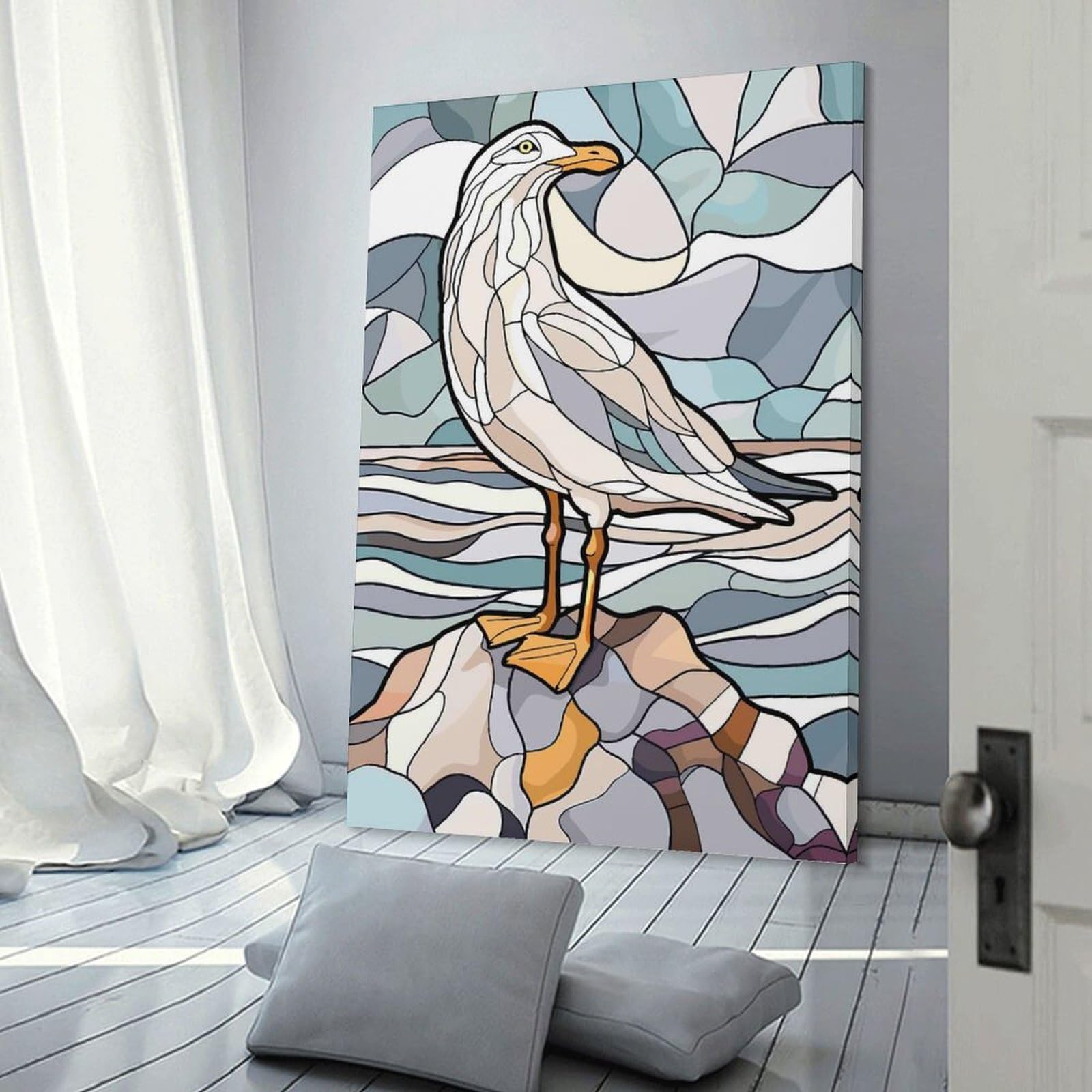 Junmoney Stained Glass Seagull on Rock Hanging Wall Art, 24x36inch(60x90cm), for Gallery Wall Decor And Room Displays, Home Wall Art for Statement Displays