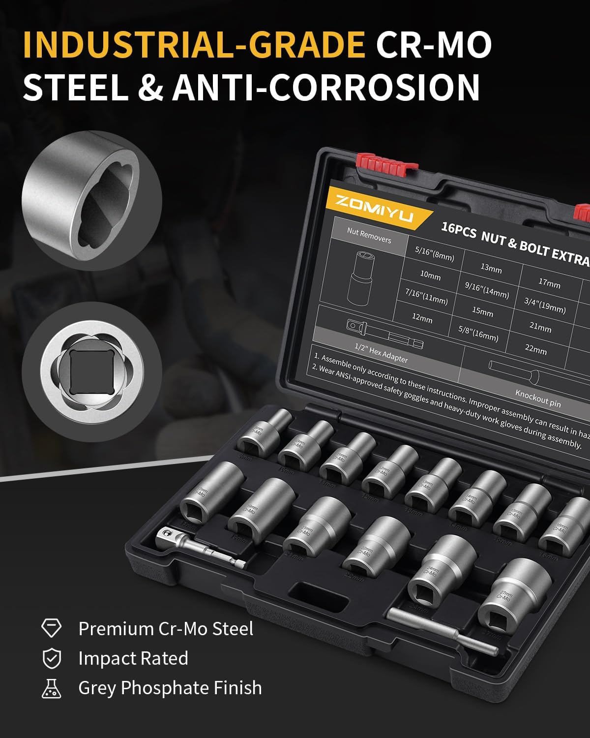 16-Piece Bolt Extractor Kit, 1/2" Drive Impact Lug Nut Removal Set | 14 metric sizes (8mm to 27mm), Cr-Mo steel with grey phosphate coating, 1/2" drive, Reverse spiral flutes