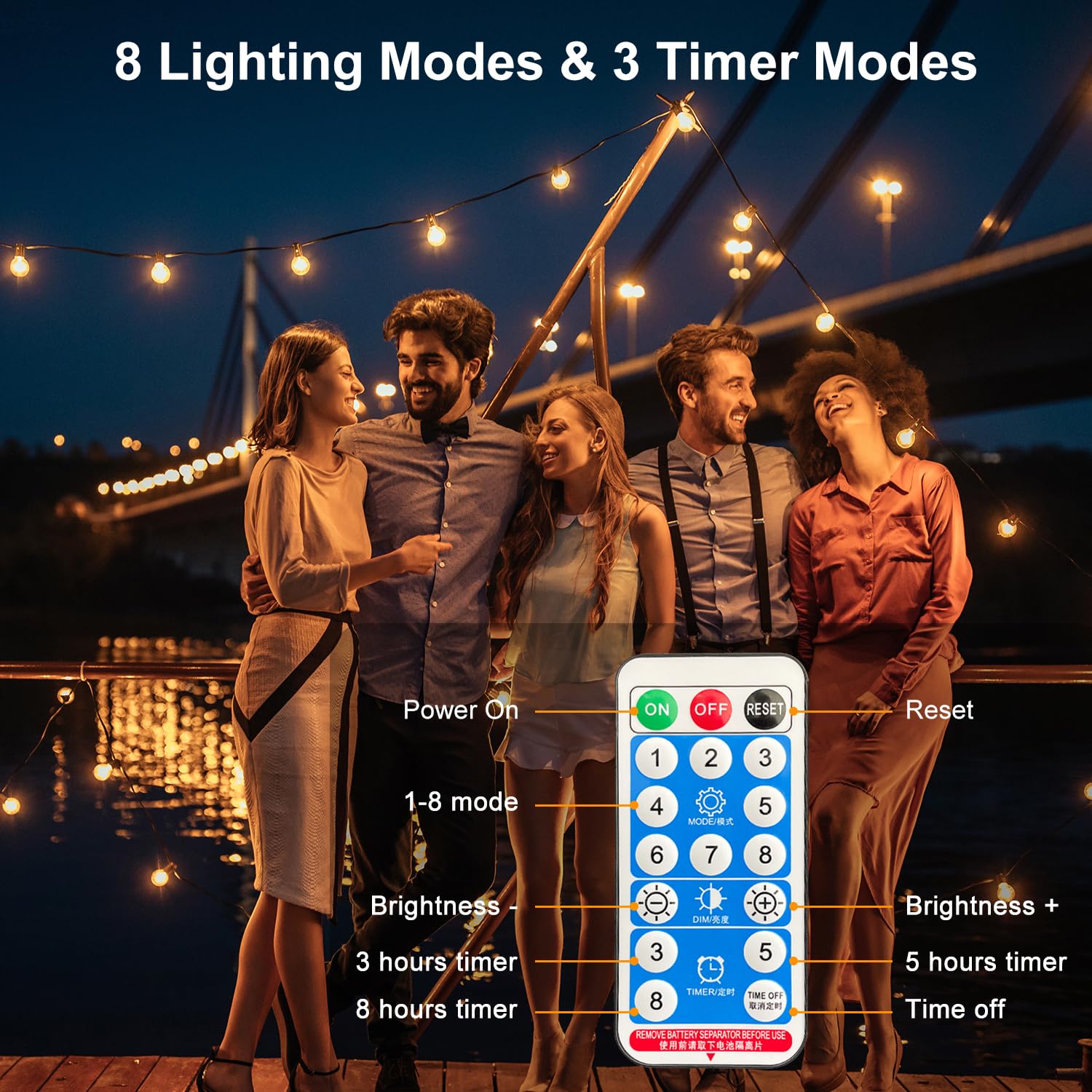 Cadena de luces solares de 15 m para exteriores con 25 + 1 bombillas LED G40, cadena de luces para exteriores, resistente a la intemperie con USB / método de carga solar, 8 modos, IP65