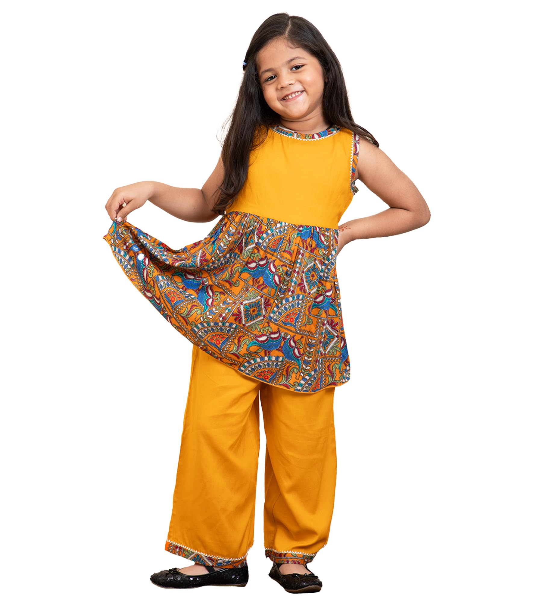 Bugandbees Girl's Abstract Rayon Ankle Length Top With Trouser Coord Set|Sleeveless|Kids Clothes For Girls Dress 10-11 Years Fashion|Western Dress|Two Piece|Casual Wear(BBCO00000061_10-11Y_Yellow)