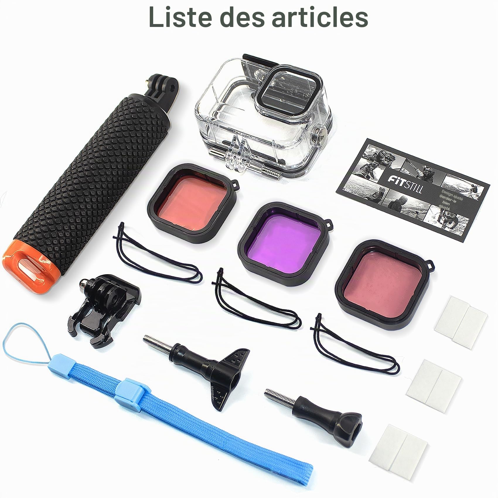 OKFUN Boîtier étanche avec 3 filtres pour Go Pro Hero 13-10 noir, coque de protection sous-marine monopode flottant poignée bâton d'action camera accessoires