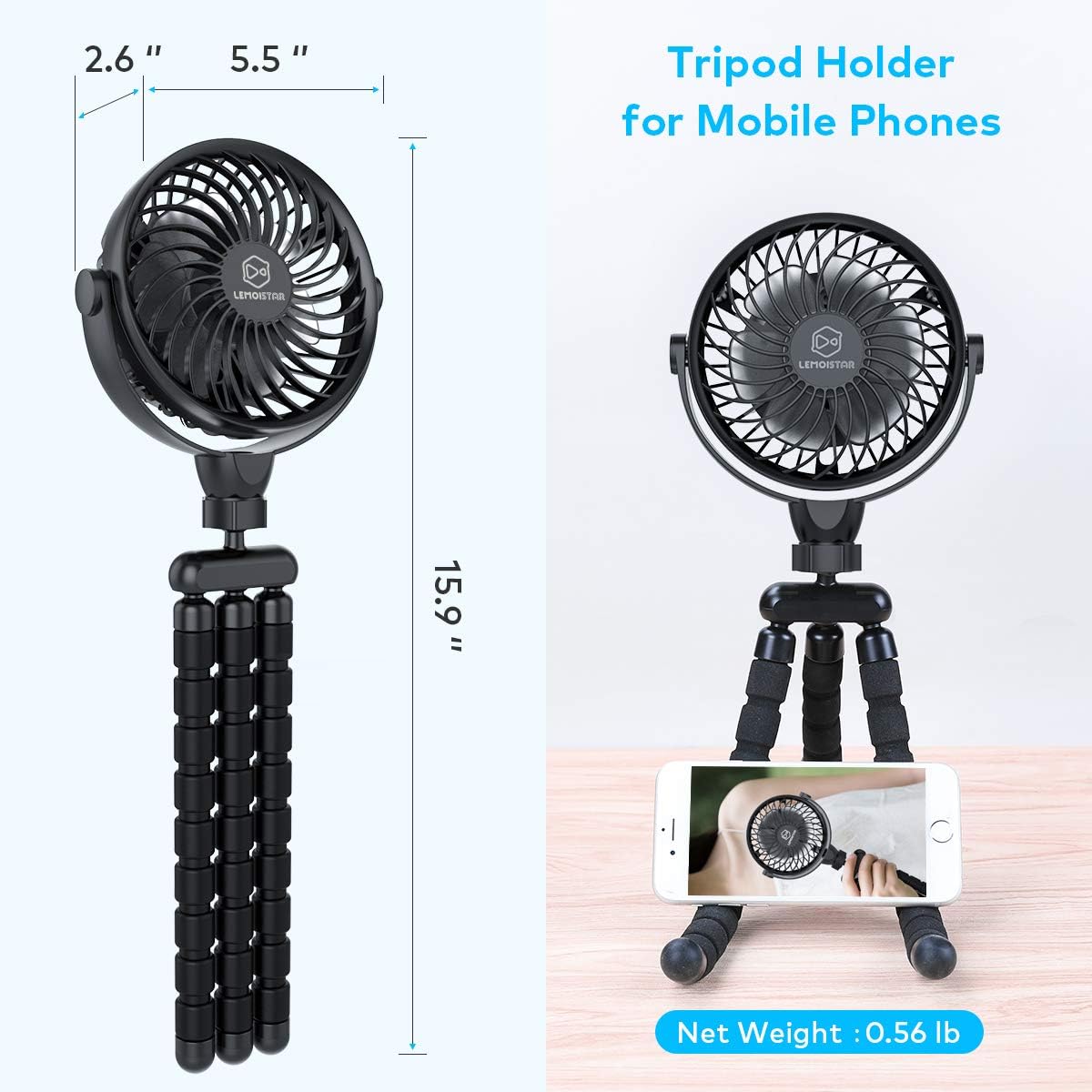 Stroller Fan,Portable Handheld Battery Powered(2600mAh) Clip on Fan with Flexible Tripod, 4 Speeds Ultra Quiet 360 Degree Rotatable, Personal Mini USB Desk Fan for Stroller/Camping/Car Seat/Golf Cart : Baby