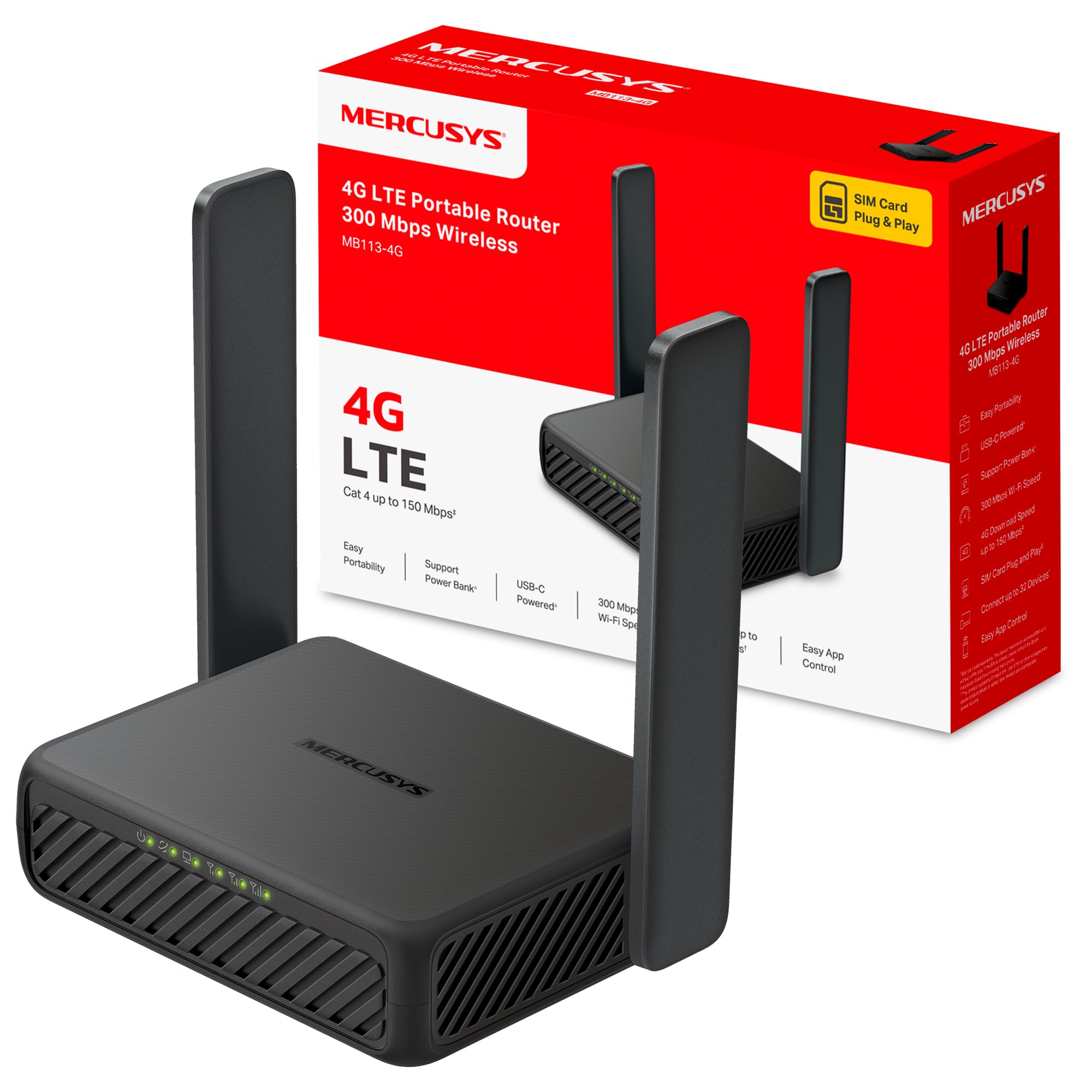 MERCUSYS MB113‑4G - Router 4G LTE Portátil, Wi‑Fi N‑300 hasta 32 Dispositivos, SIM Nano Plug & Play, USB‑C Powerbank y VPN