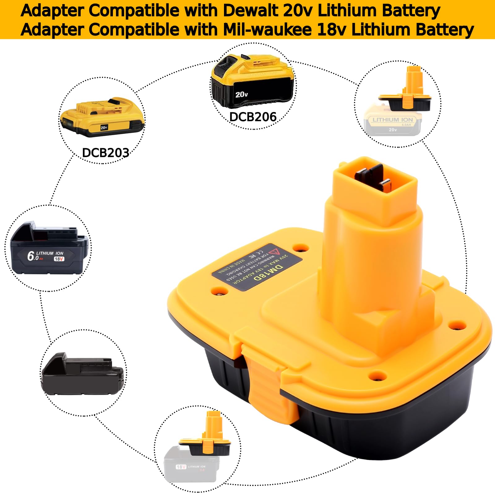 Tulepowceeng Paquete de 2 adaptadores de batería DM18D compatibles con herramientas Dewalt de 18 V, compatible con Dewalt de 20 V o compatible con batería Milwaukee M18 de iones de litio de 18 V para