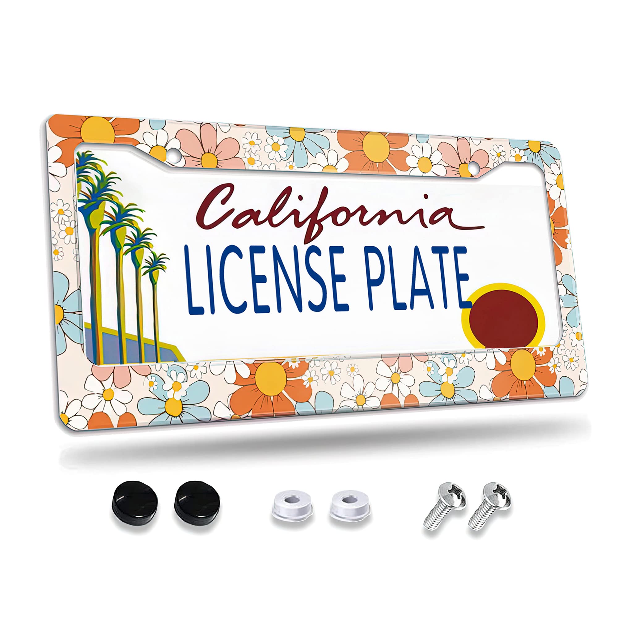 License Plate Frame,Floral Retro Daisys License Plate Frames Decorative Car Tag Frames Aluminum Metal License Plate Holder for US Canada Standard 12''x6''