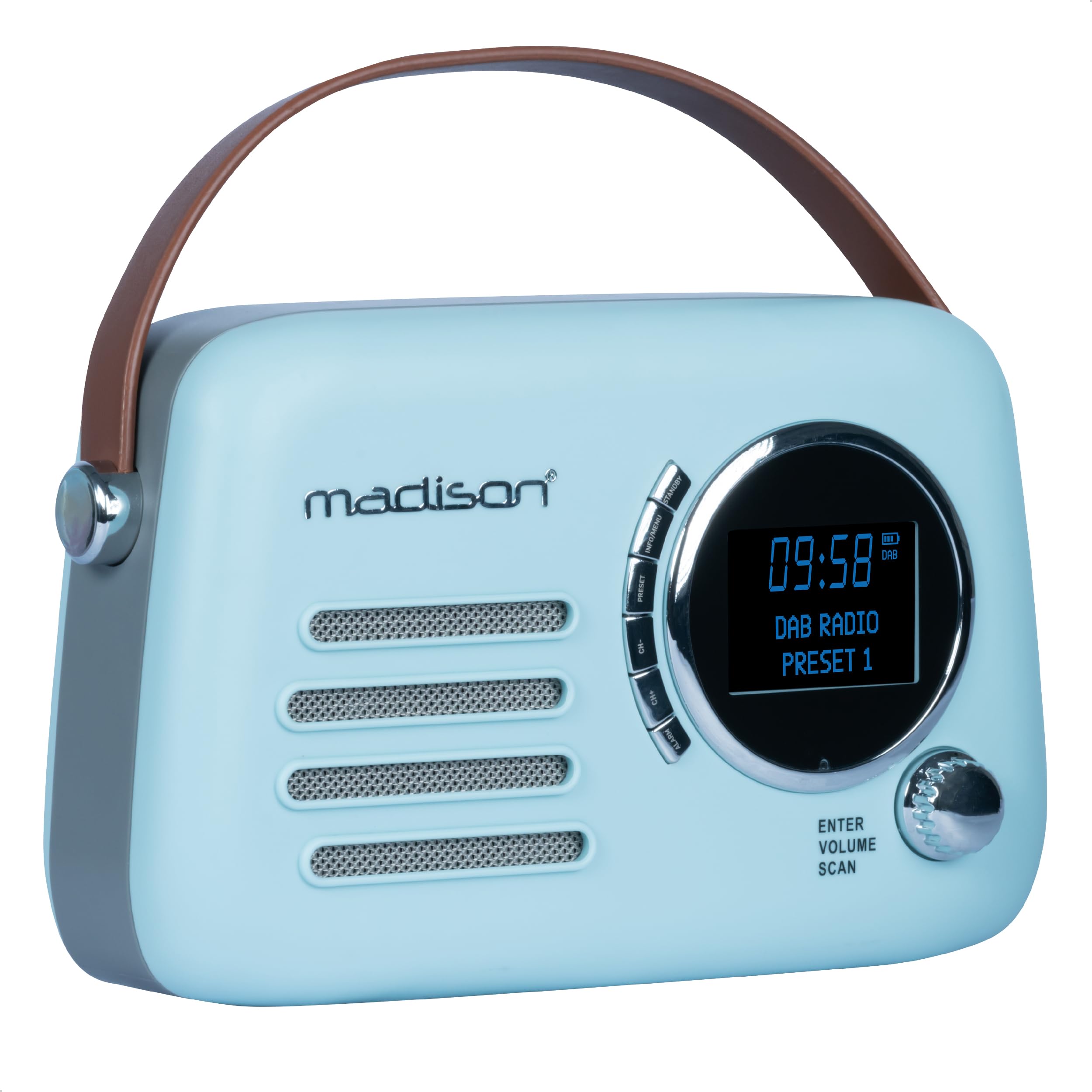 Madison FREESOUND-VR30BL-DAB Radio DAB+ vintage a batteria lunga DAB+ FM Bluetooth USB Subwoofer posteriore Blu opaco