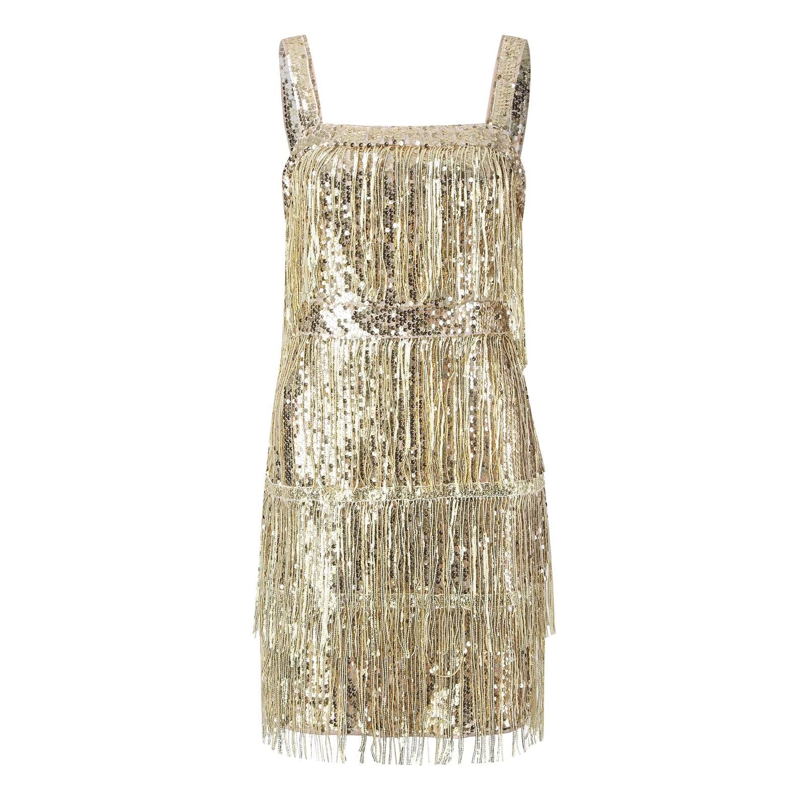 Generisch Abito sexy da donna con paillettes e paillettes, schiena scoperta, con maniche e guanti, abito da ballo con frange, per salsa, latino, costume da ballo con nappe