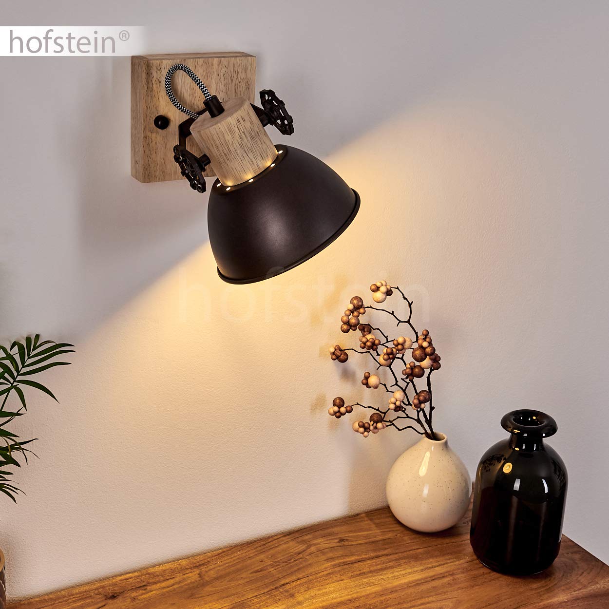 Lampada da parete Orny, lampada da parete regolabile in metallo/legno in antracite/bianco/marrone, 1 attacco E27, spot da parete in design retro/vintage, senza lampadina/e