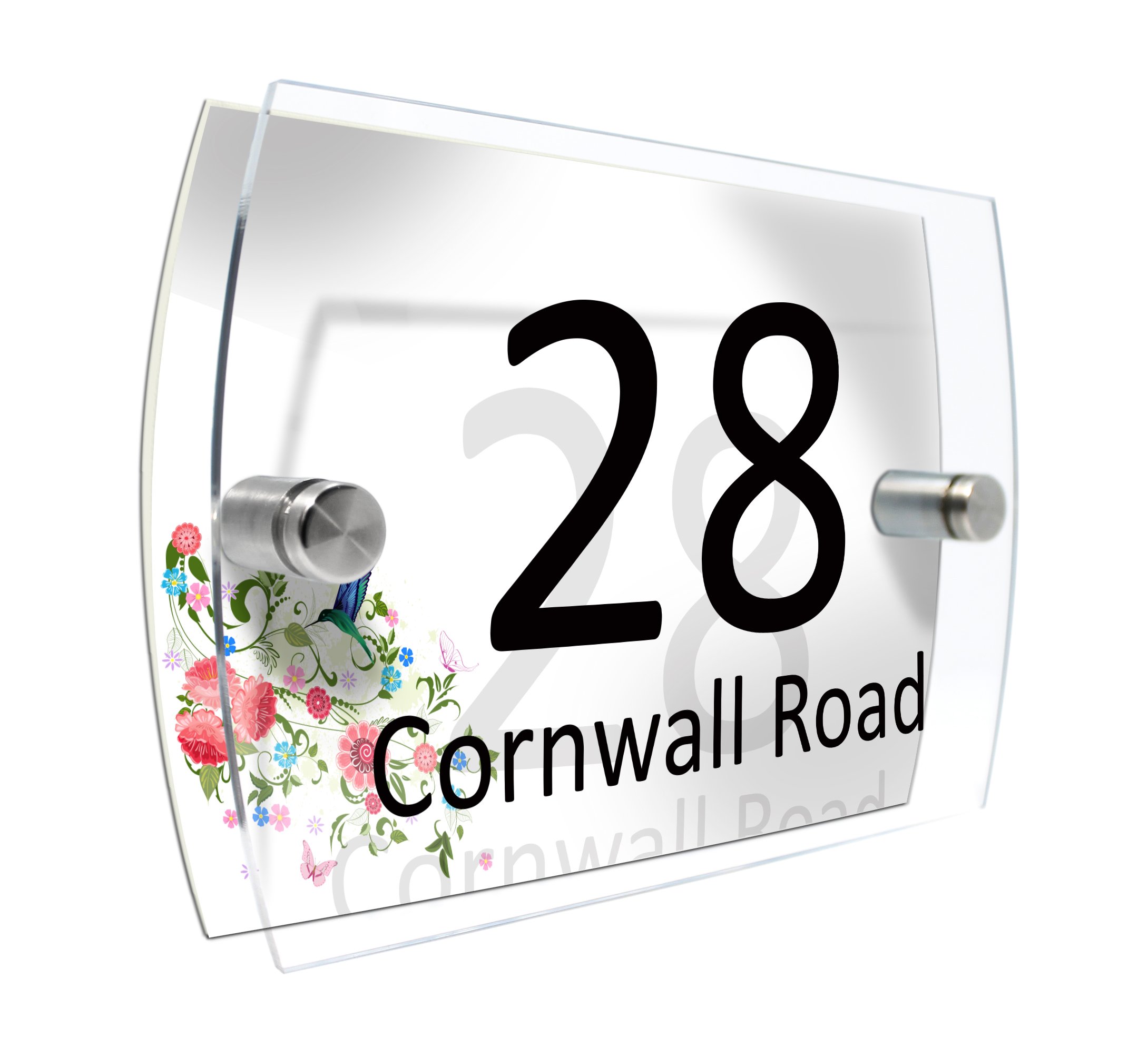 CS Printing House Number Sign Plaque Garden Glass Effect Acrylic Sign Door Plate Marble Wall Display 2 Part Branded Acrylic (Floral ornament)