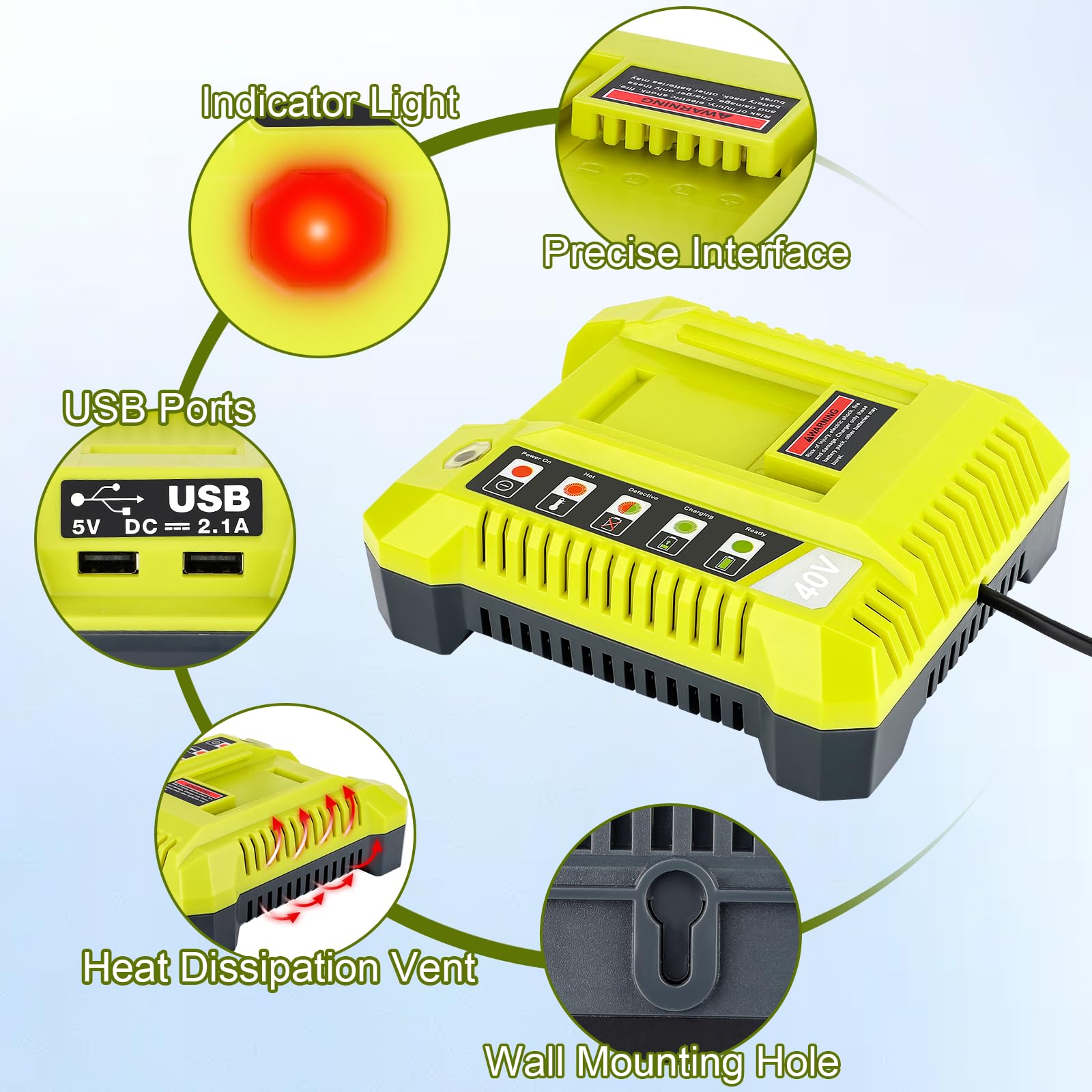 GRVODFRTA 40 Volt Charger Compatible with Ryobi 40V Battery, Replacement Charger Station for OP4040 OP4050 OP4050A OP40601 OP4026 OP4015 OP4030 40V Battery