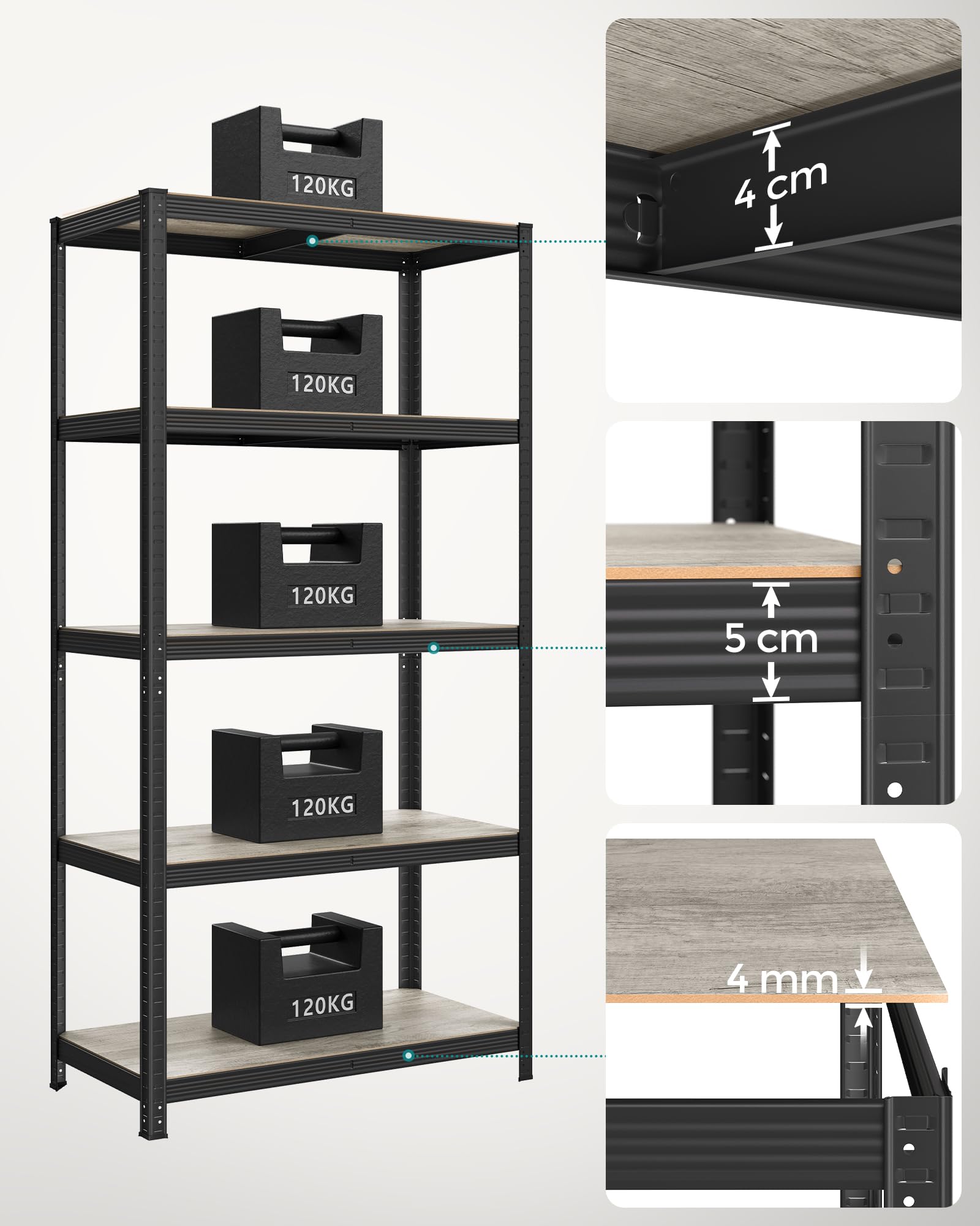 SONGMICS Półka wolnostojąca, zestaw 2 szt., półka na książki, półka do przechowywania, 5 półek, regulowana, 50 x 100 x 200 cm, każda o ładowności do 600 kg, do kuchni, salonu, szaro-czarny GLR050B22