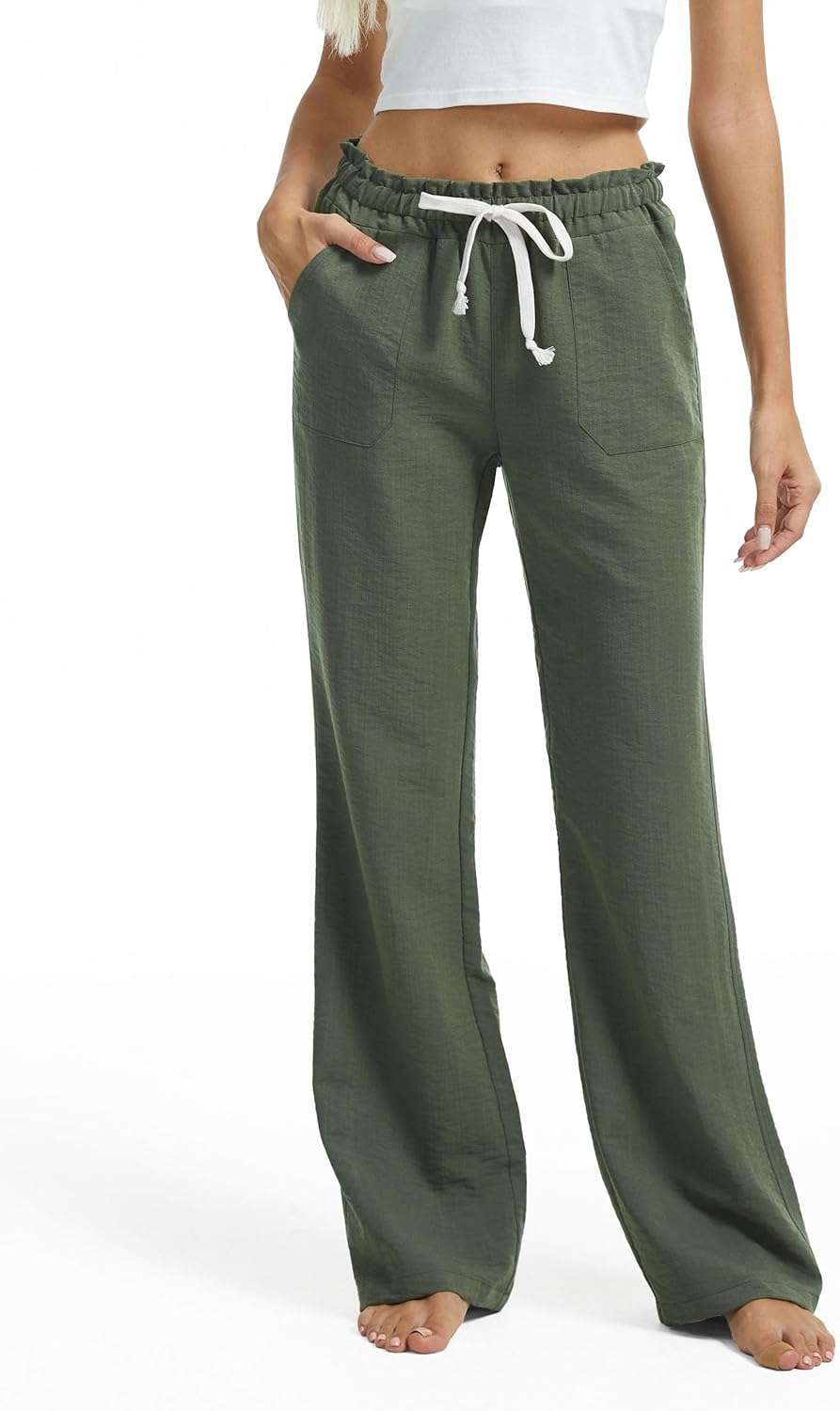 SEVEGO Tall Women Casual Linen Pants 30"/32"/34"/36" Inseam Drawstring Smocked Waist Beach Summer Trousers with Pockets